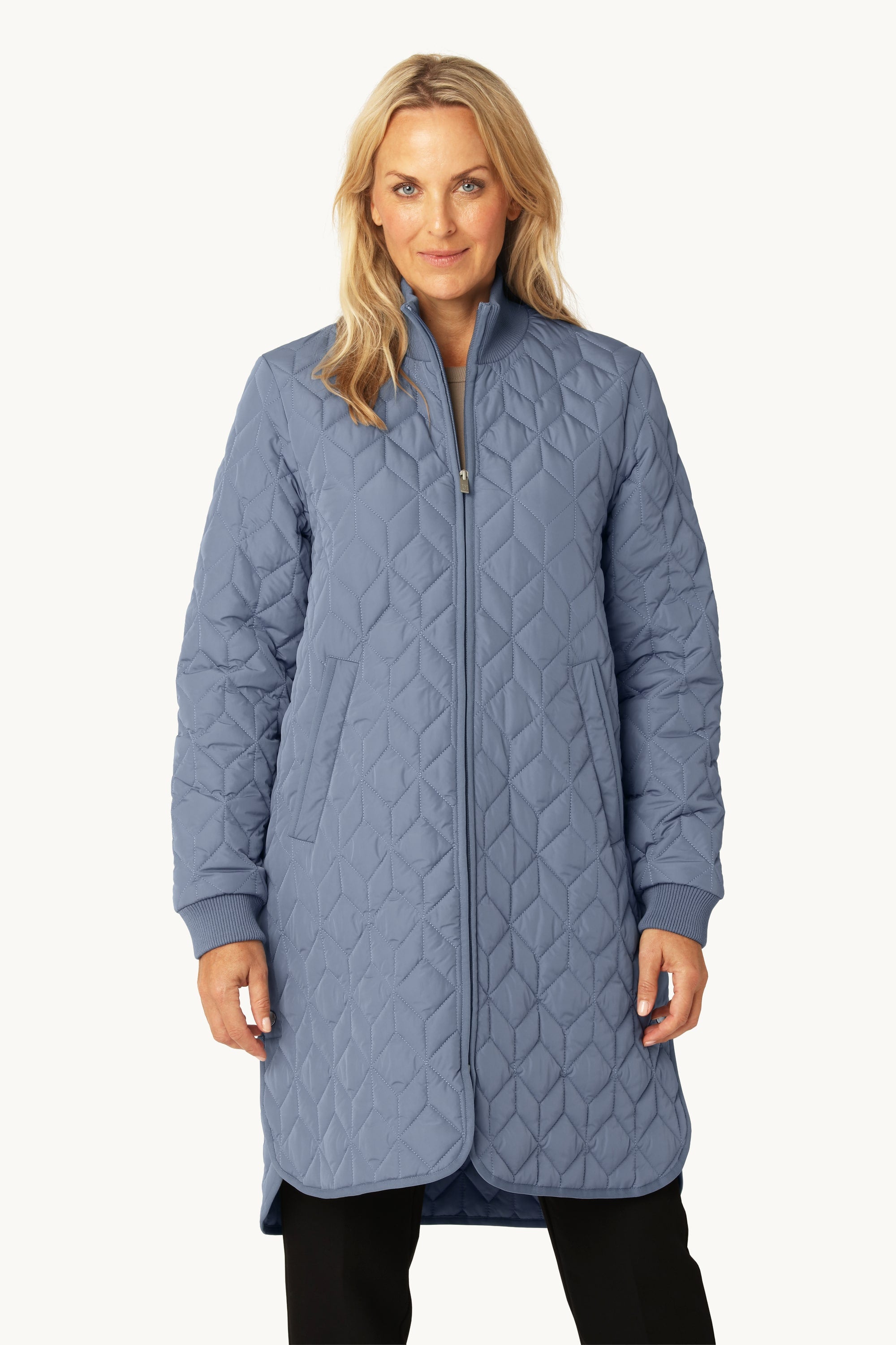 Long Padded Quilt Jacket - Grey Blue