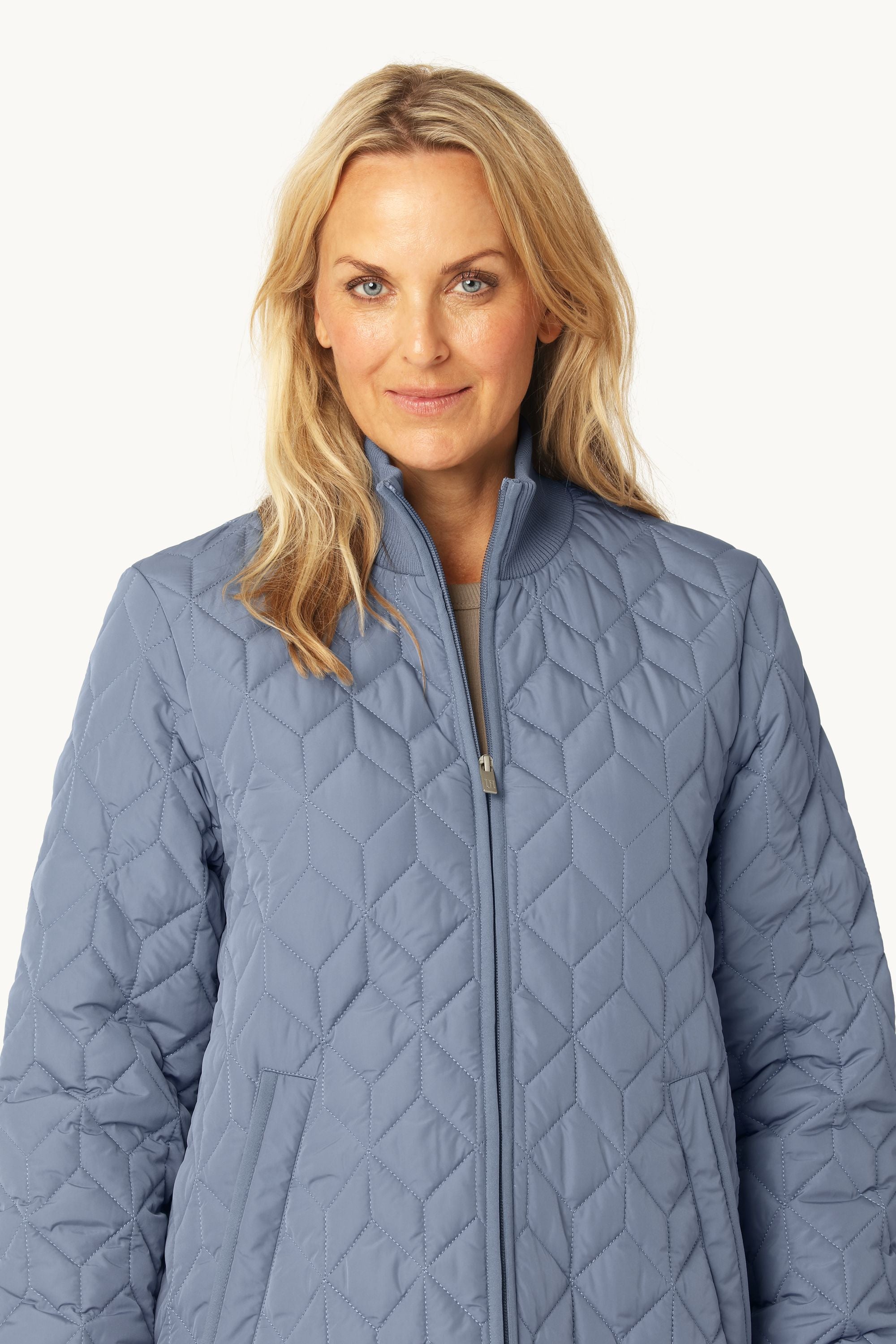 Long Padded Quilt Jacket - Grey Blue