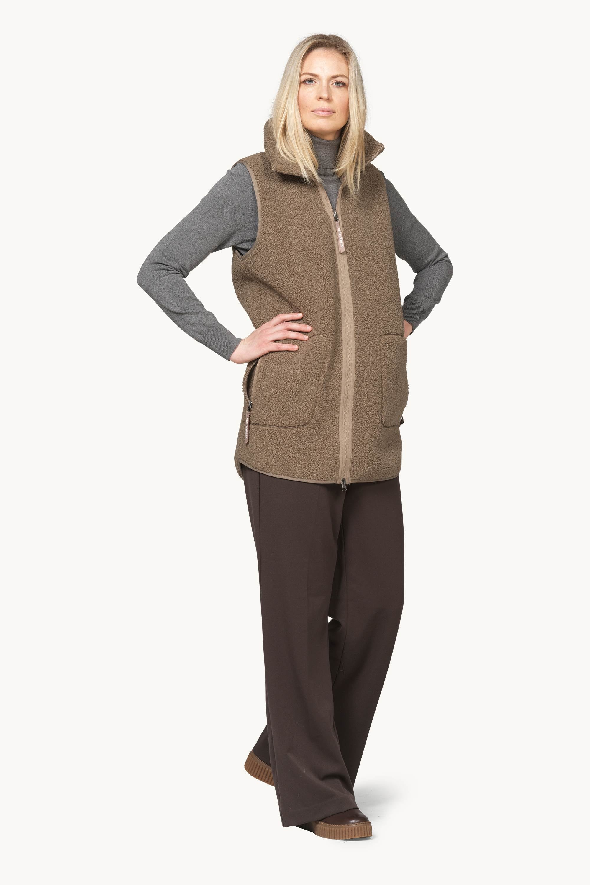 Long Pile Vest with Zipper - Greige