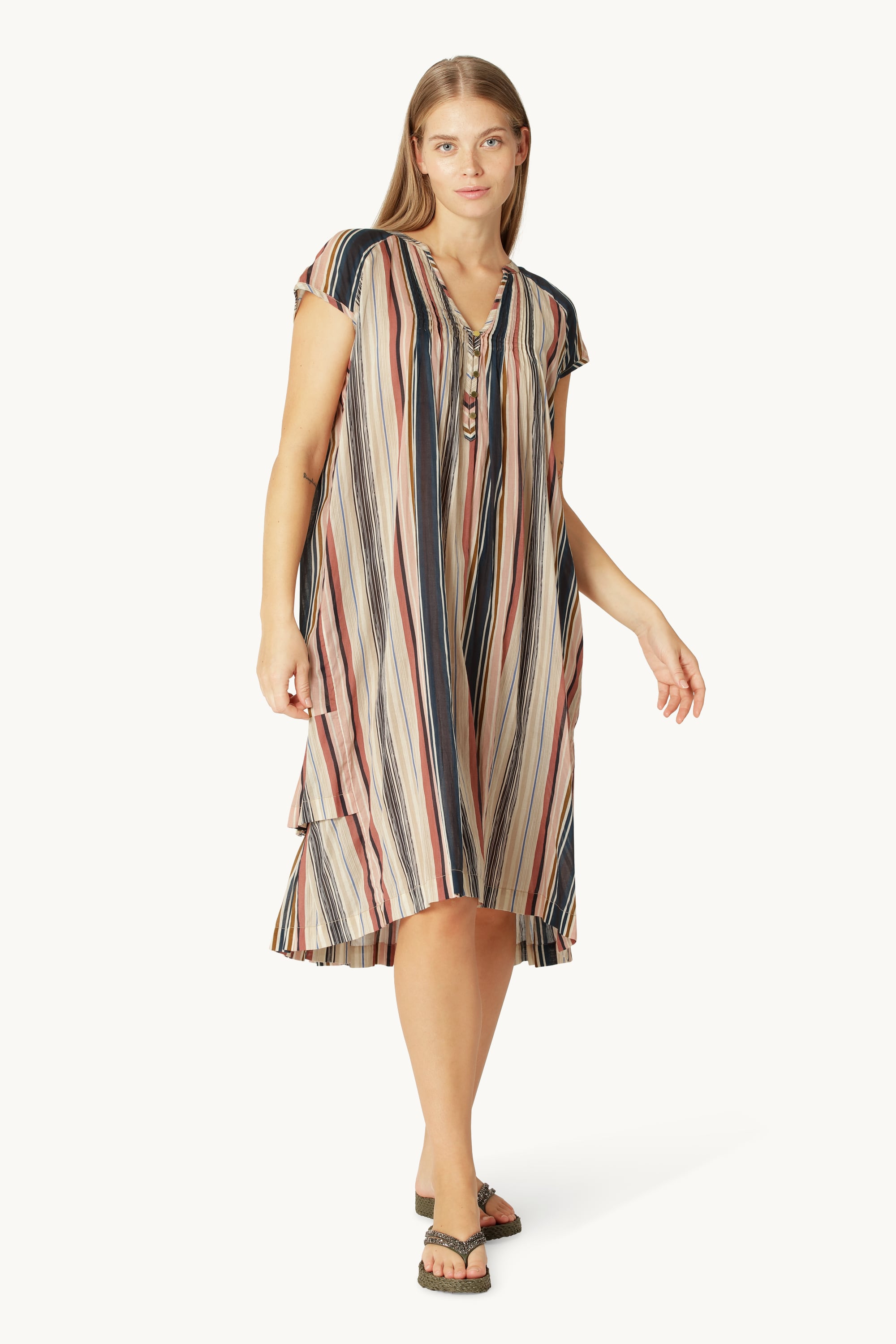 Robe Longue à Manches Courtes Pintuck - Beige Organic Stripe