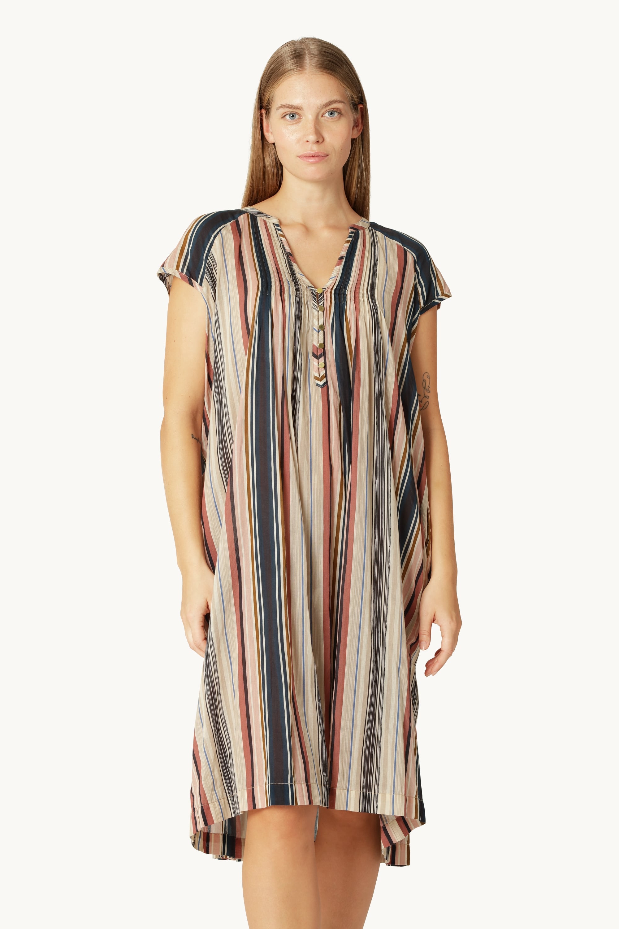 Robe Longue à Manches Courtes Pintuck - Beige Organic Stripe