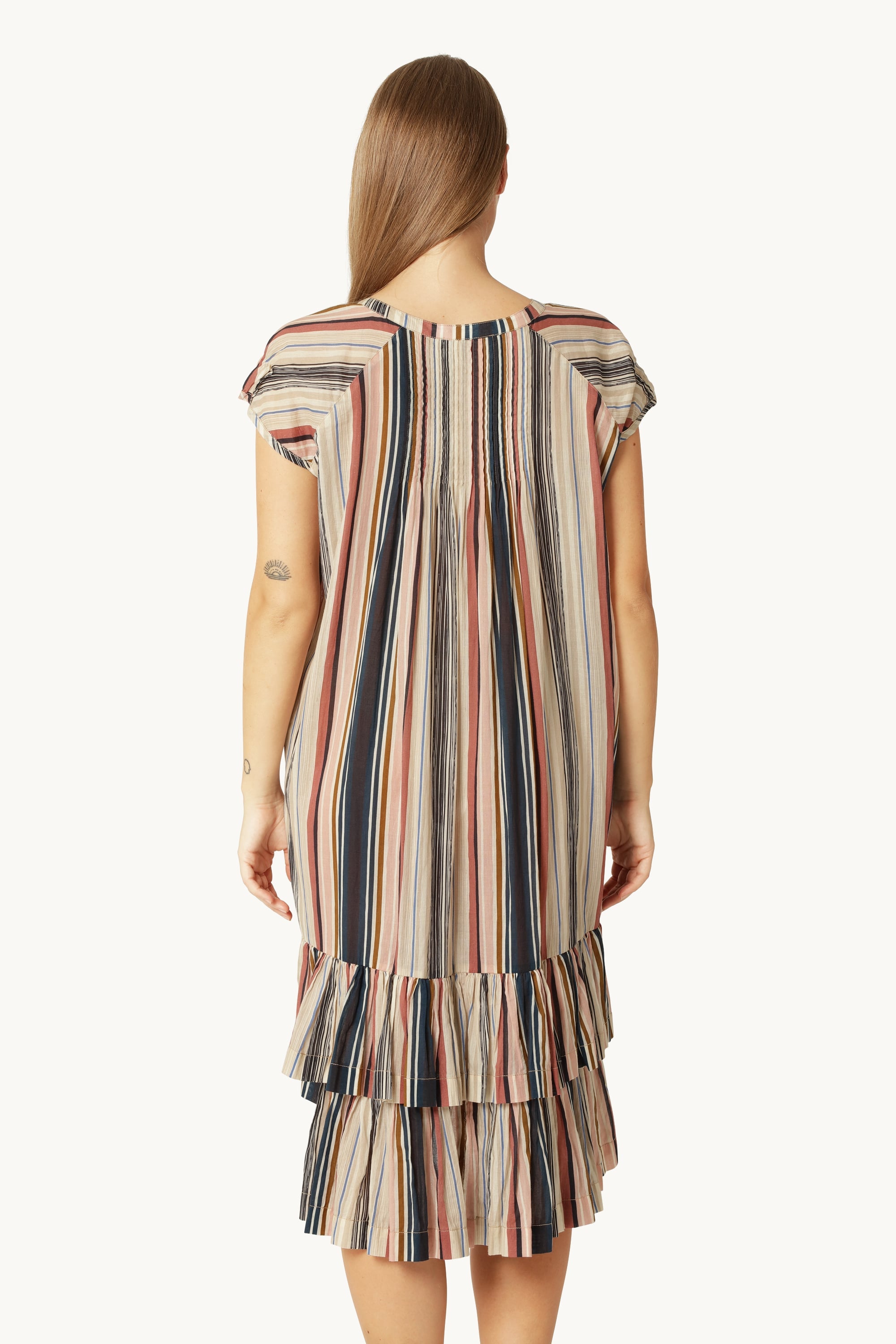 Robe Longue à Manches Courtes Pintuck - Beige Organic Stripe