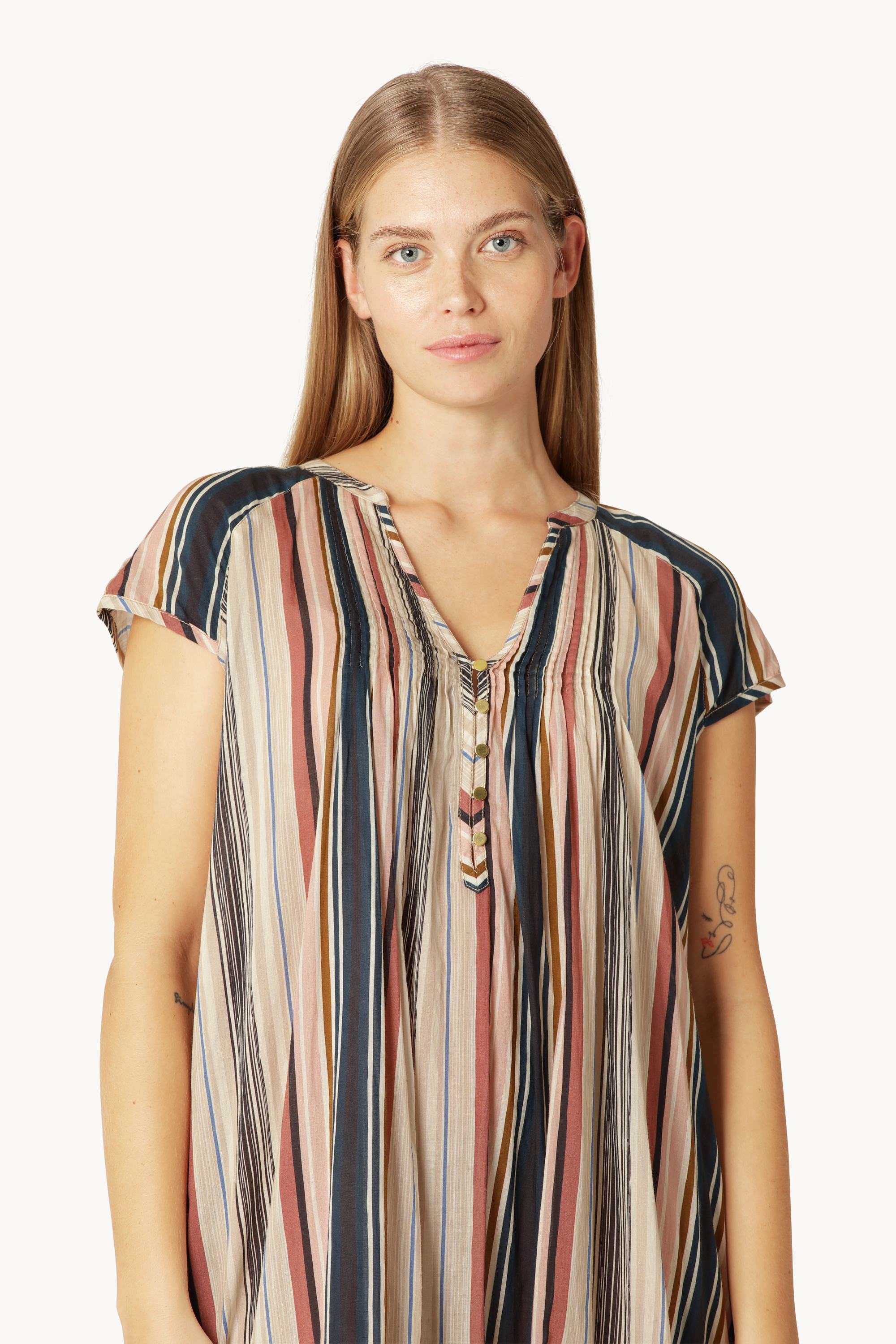 Robe Longue à Manches Courtes Pintuck - Beige Organic Stripe