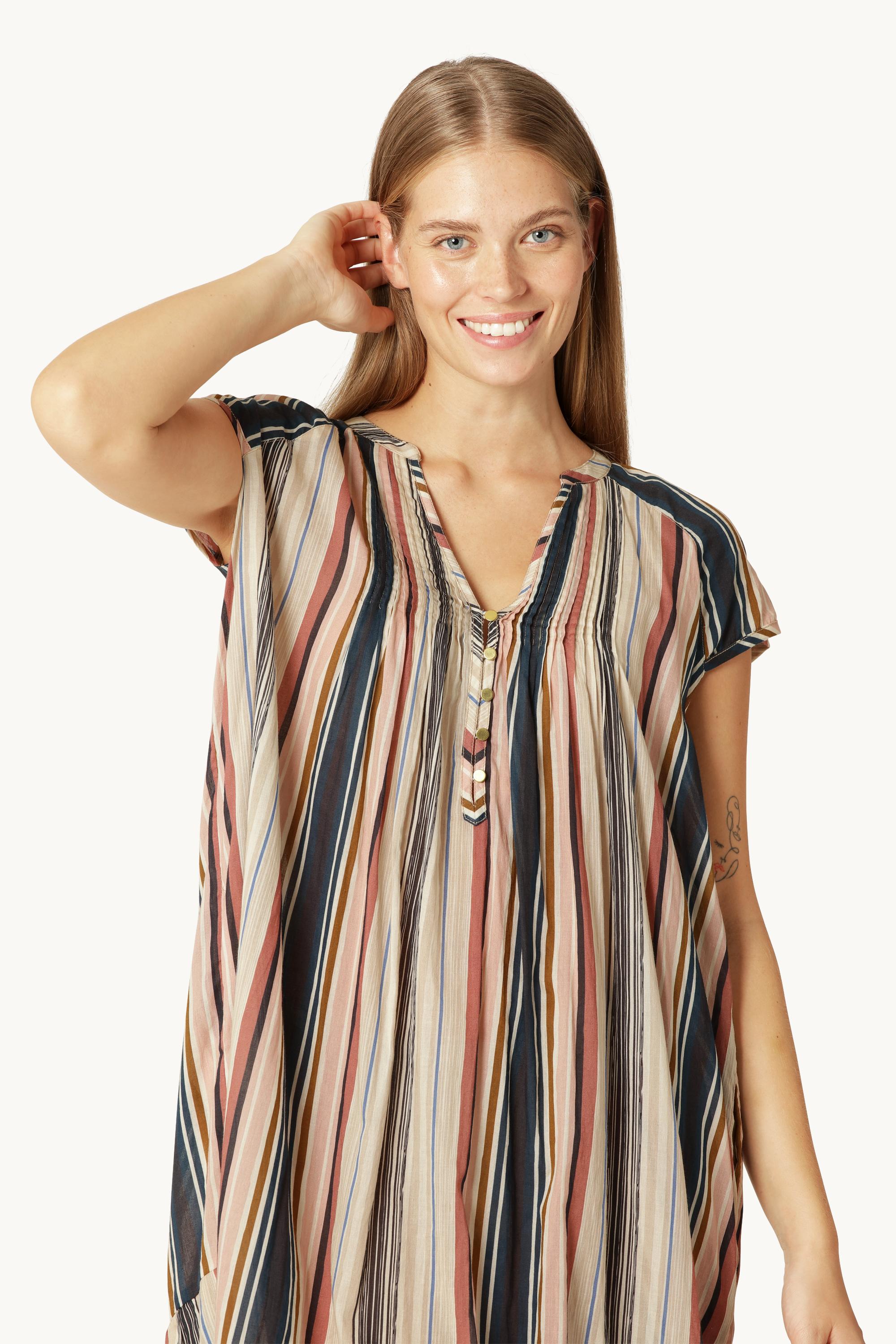 Robe Longue à Manches Courtes Pintuck - Beige Organic Stripe