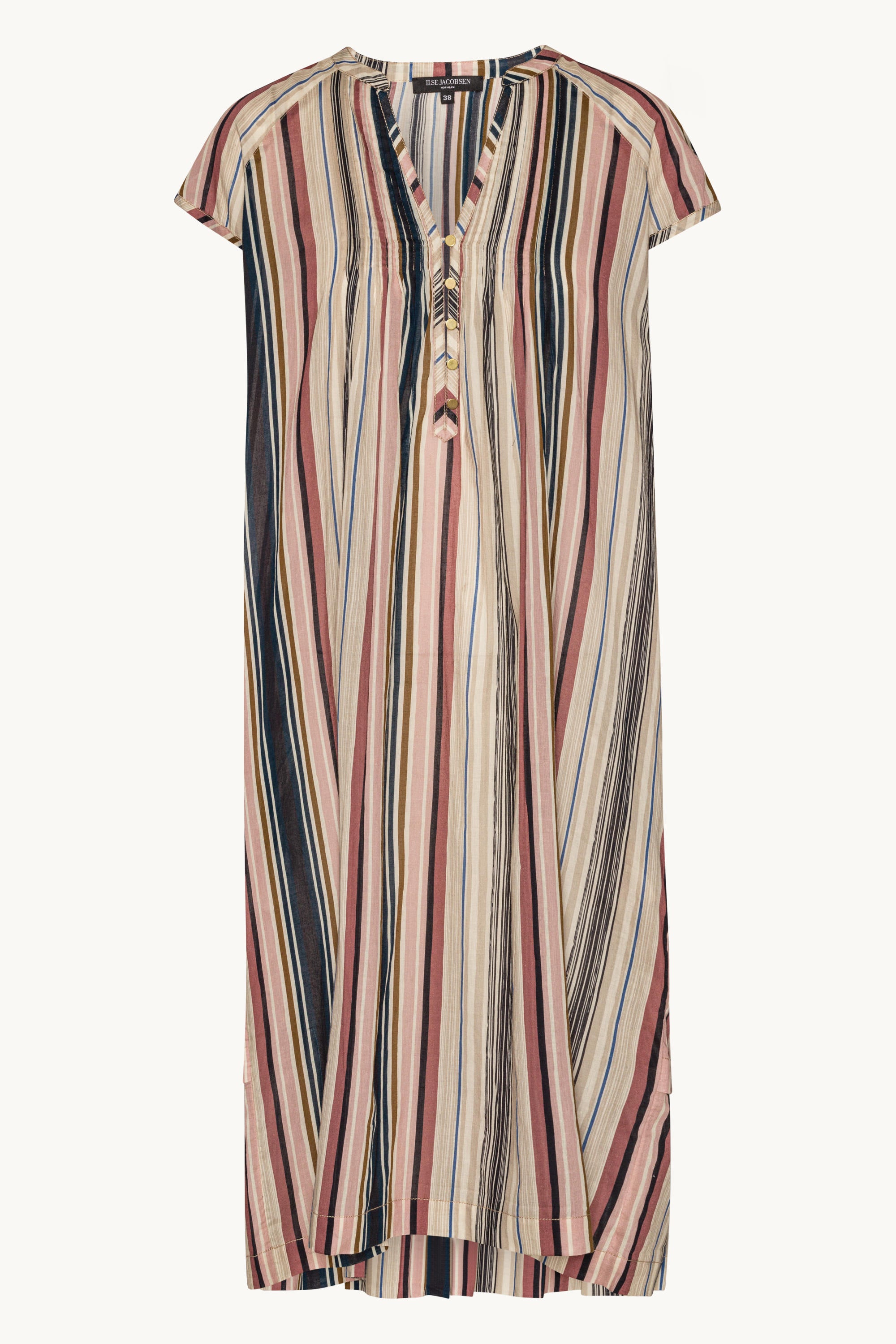 Robe Longue à Manches Courtes Pintuck - Beige Organic Stripe