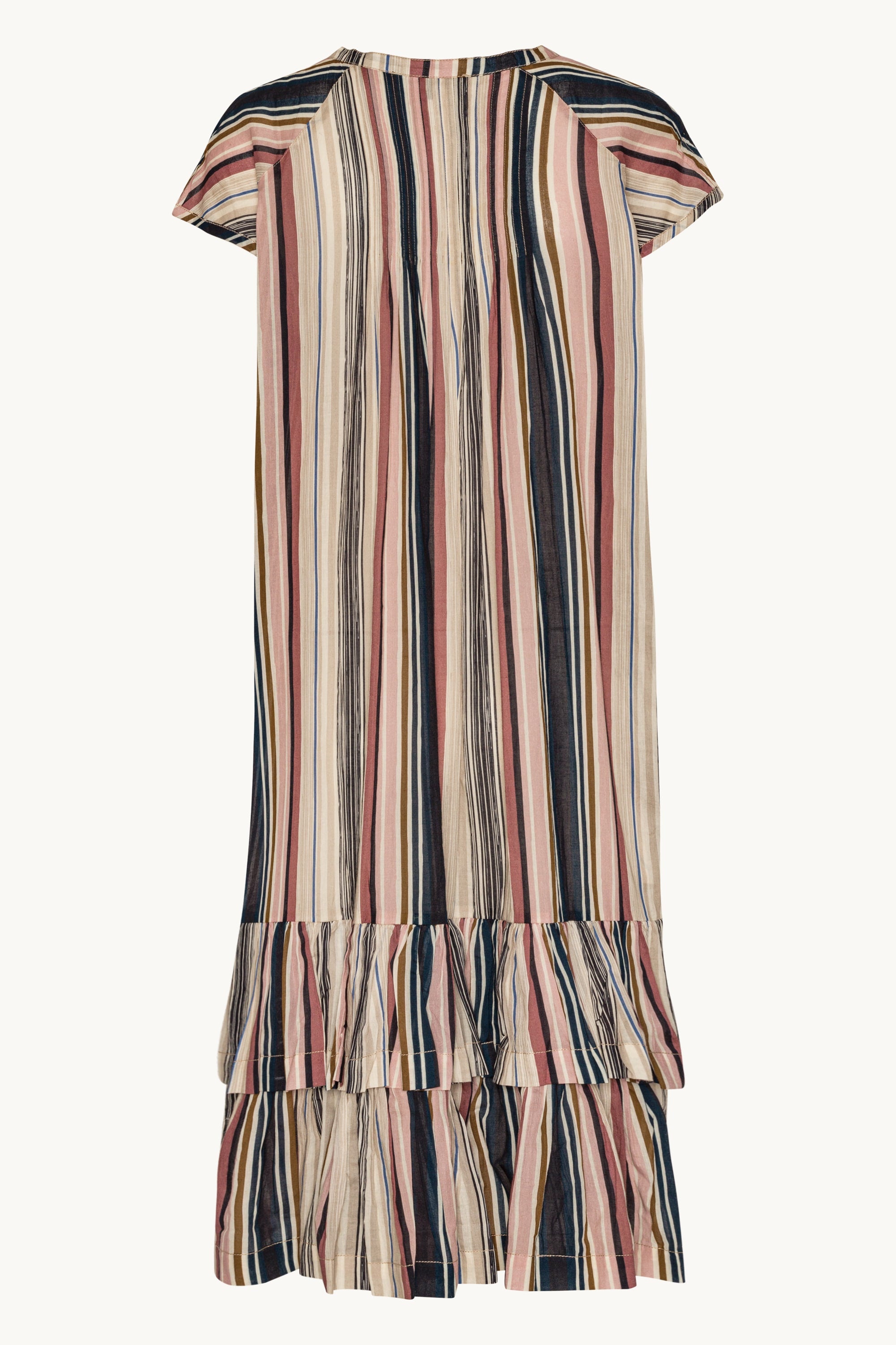 Robe Longue à Manches Courtes Pintuck - Beige Organic Stripe