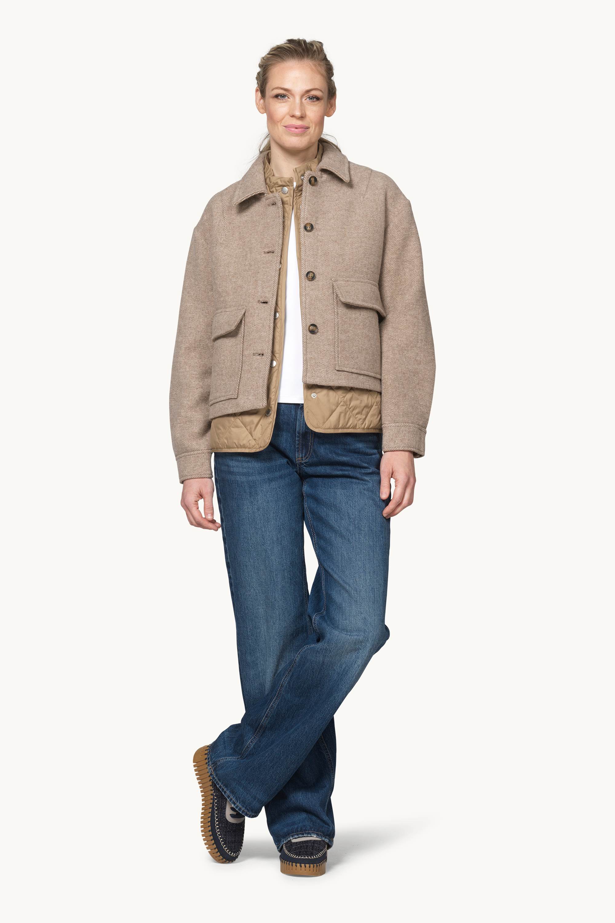 Short buttoned Jacket with Patched Pockets - Greige