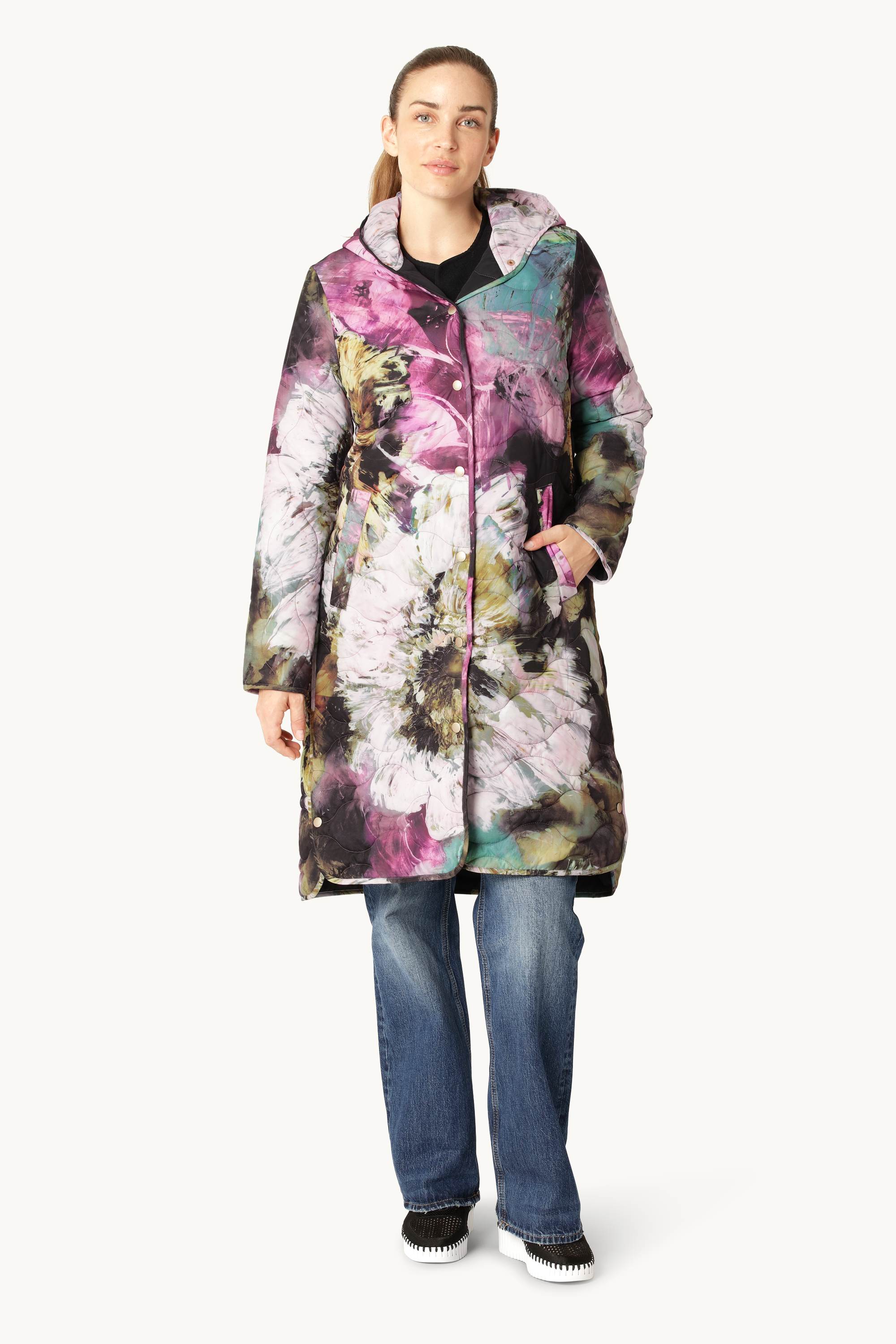Manteau Long Matelassé - Artistic Flower Print