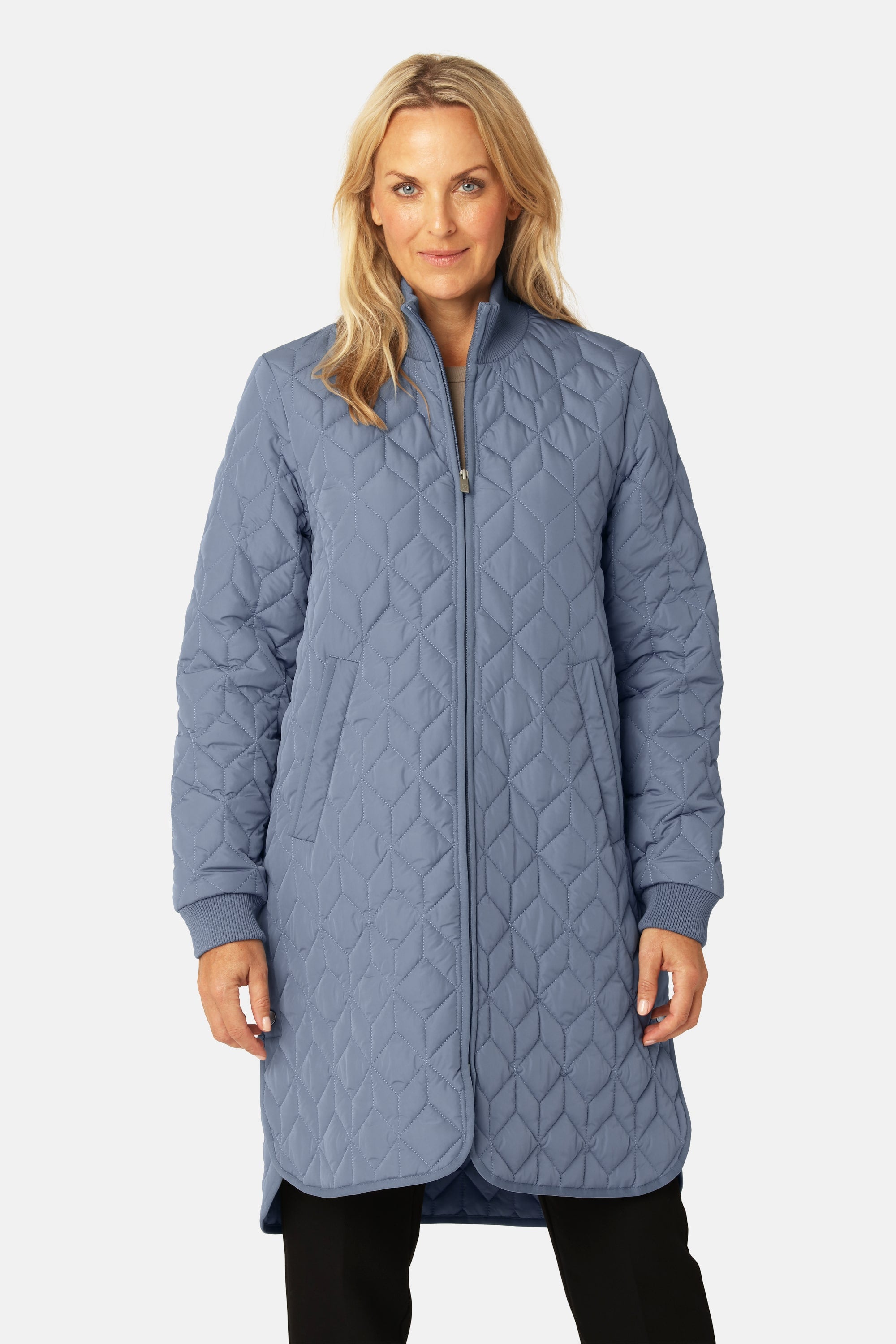 Long Padded Quilt Jacket - Grey Blue