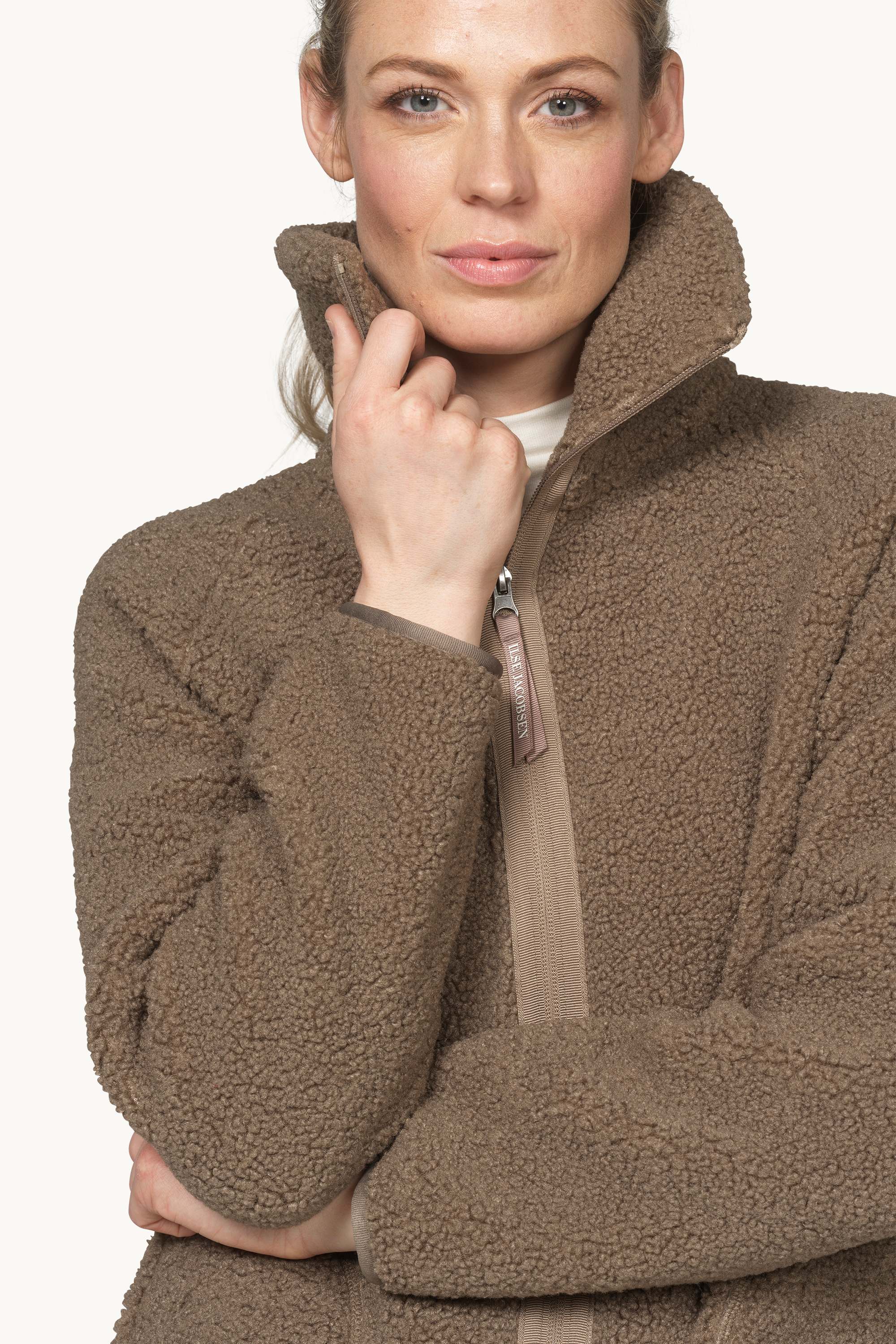 Short Pile Jacket with Zipper - Greige