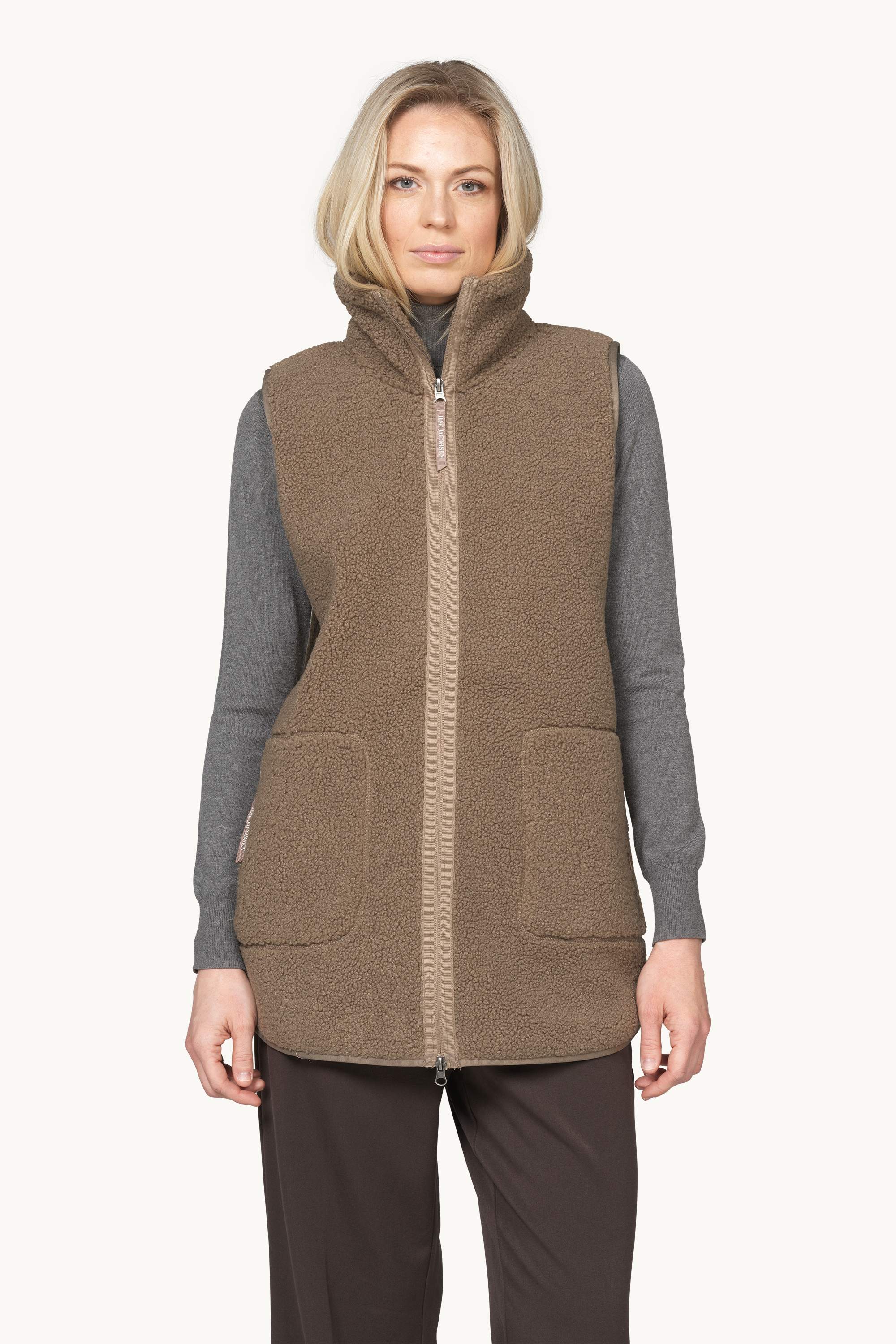 Long Pile Vest with Zipper - Greige