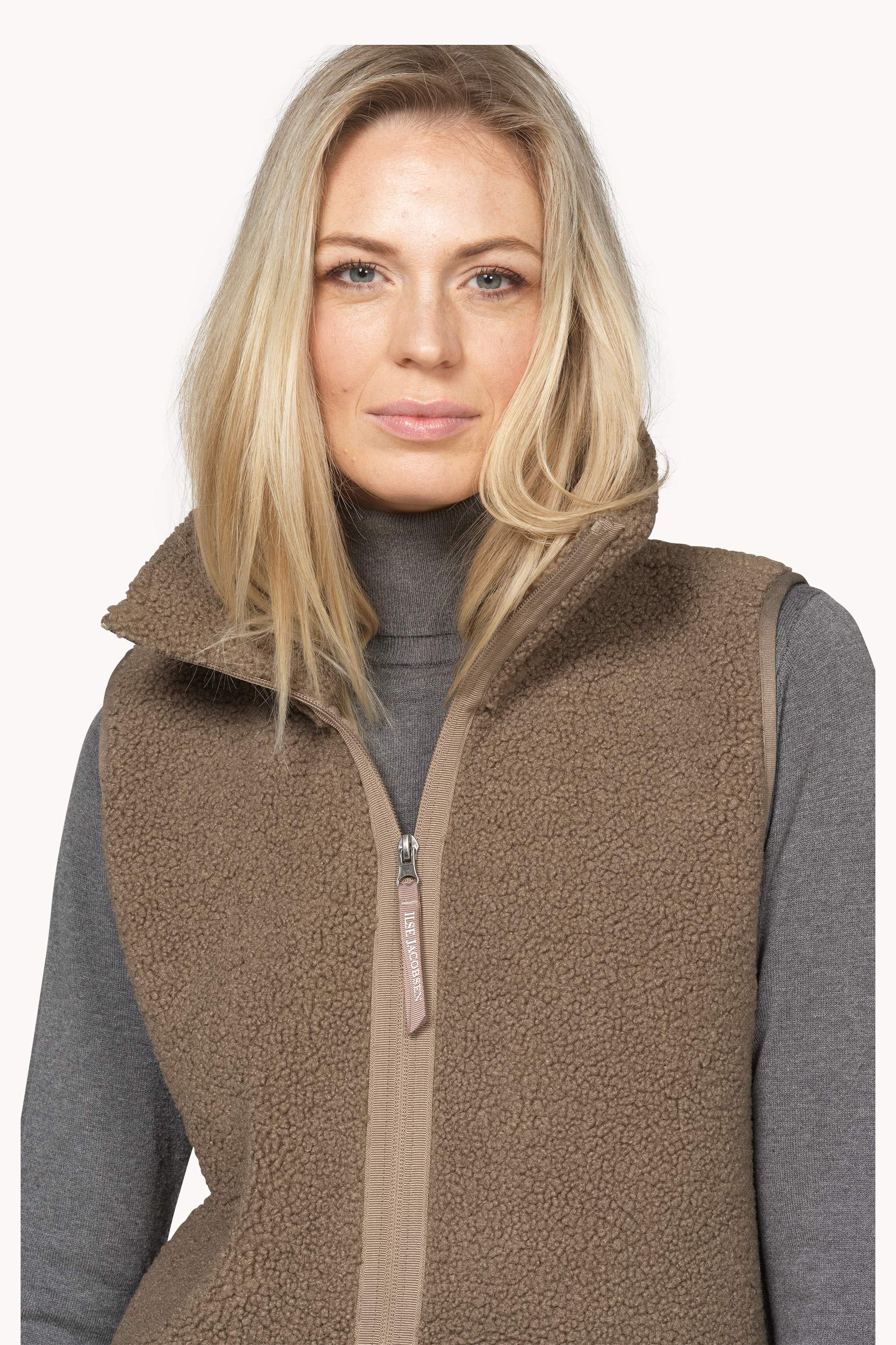 Long Pile Vest with Zipper - Greige