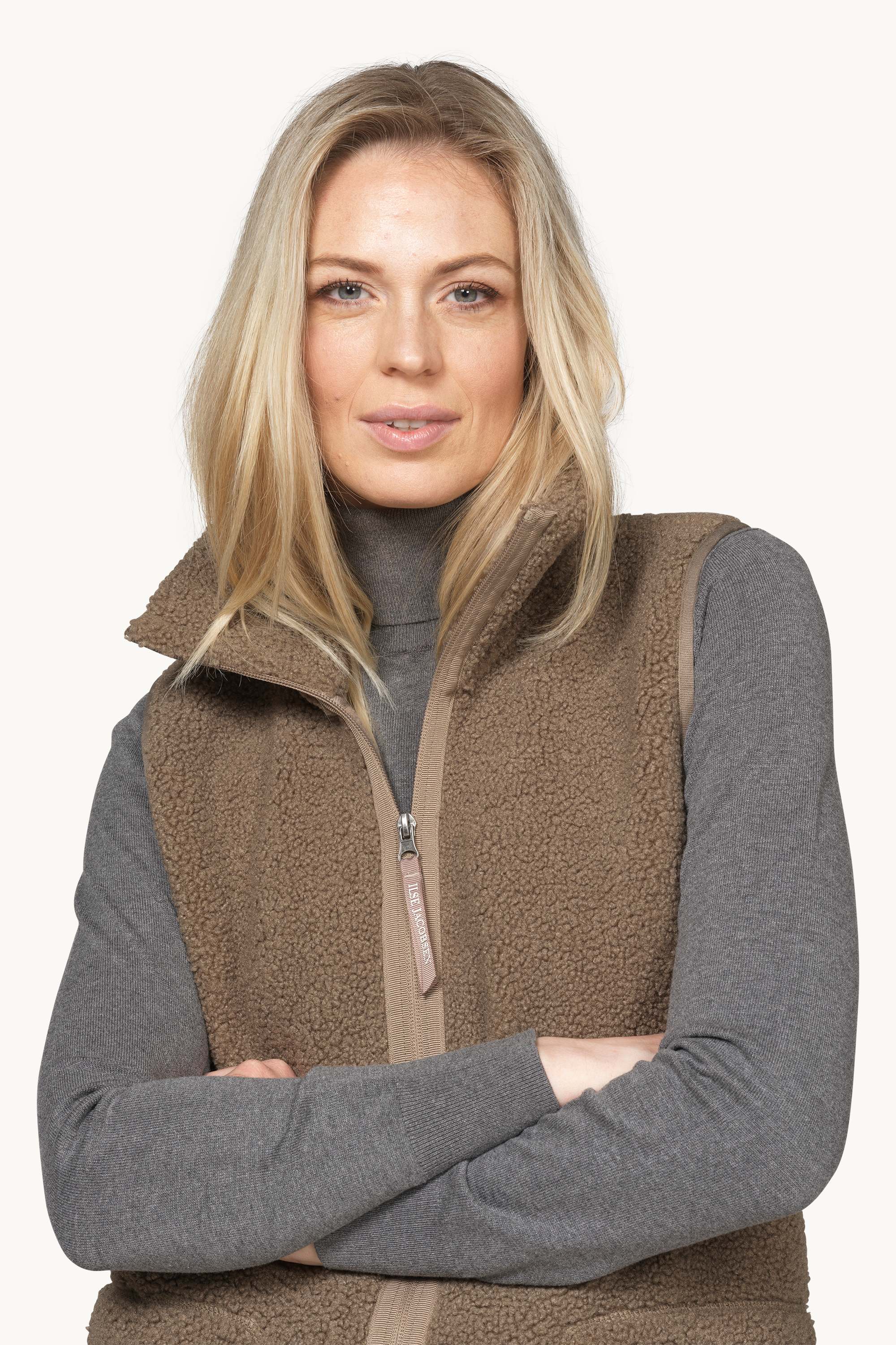 Long Pile Vest with Zipper - Greige