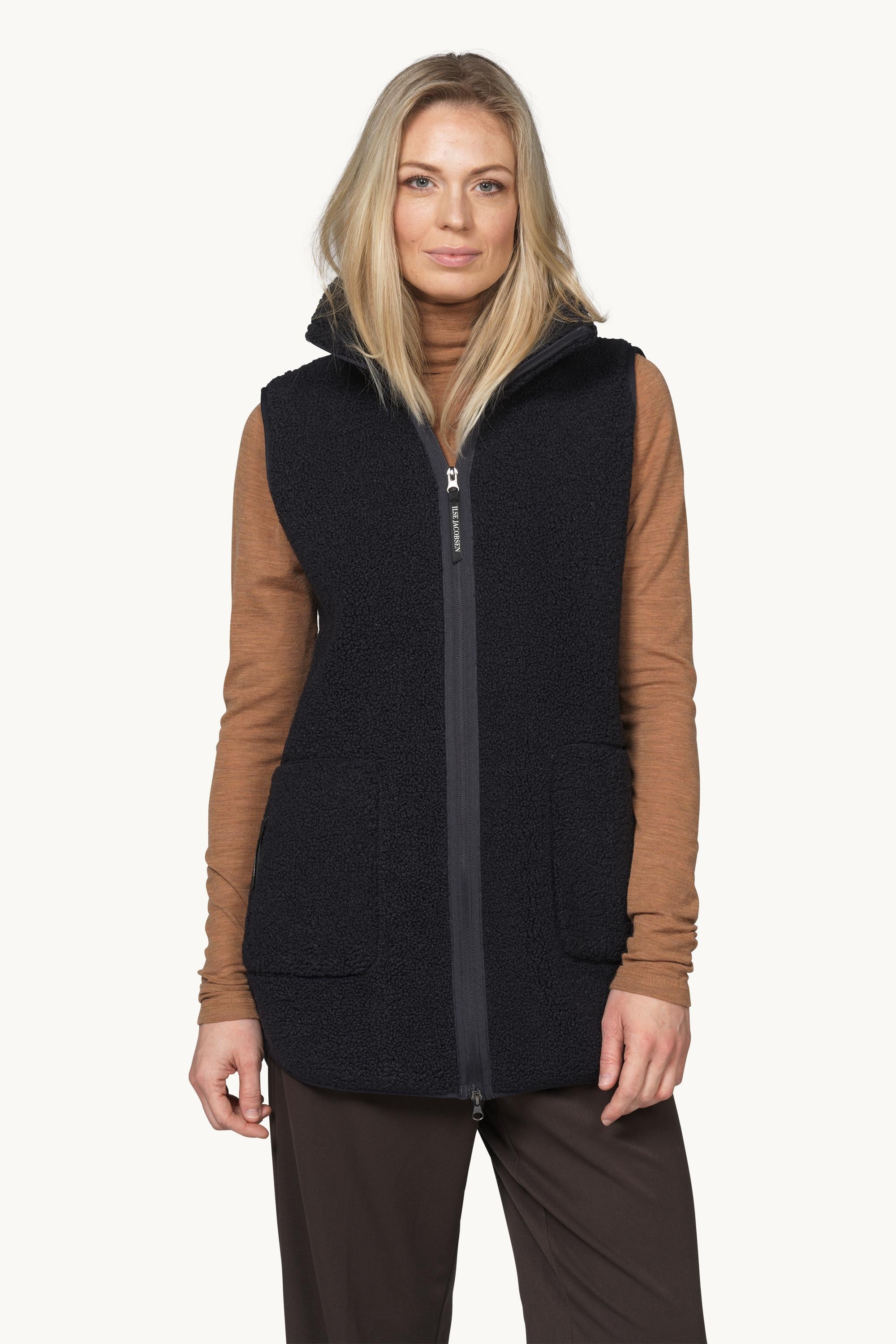 Long Pile Vest with Zipper - Dark Indigo