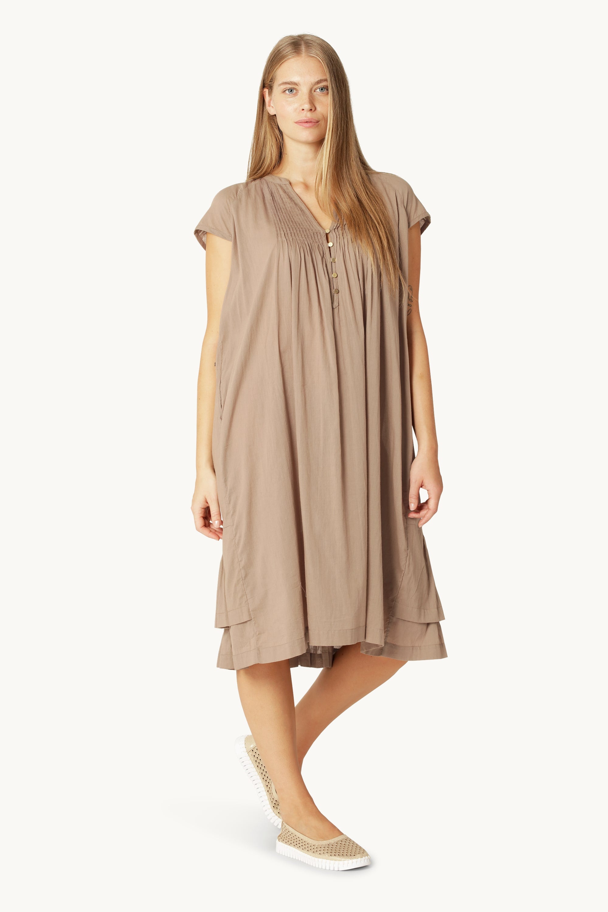 Robe Longue à Manches Courtes - Greige