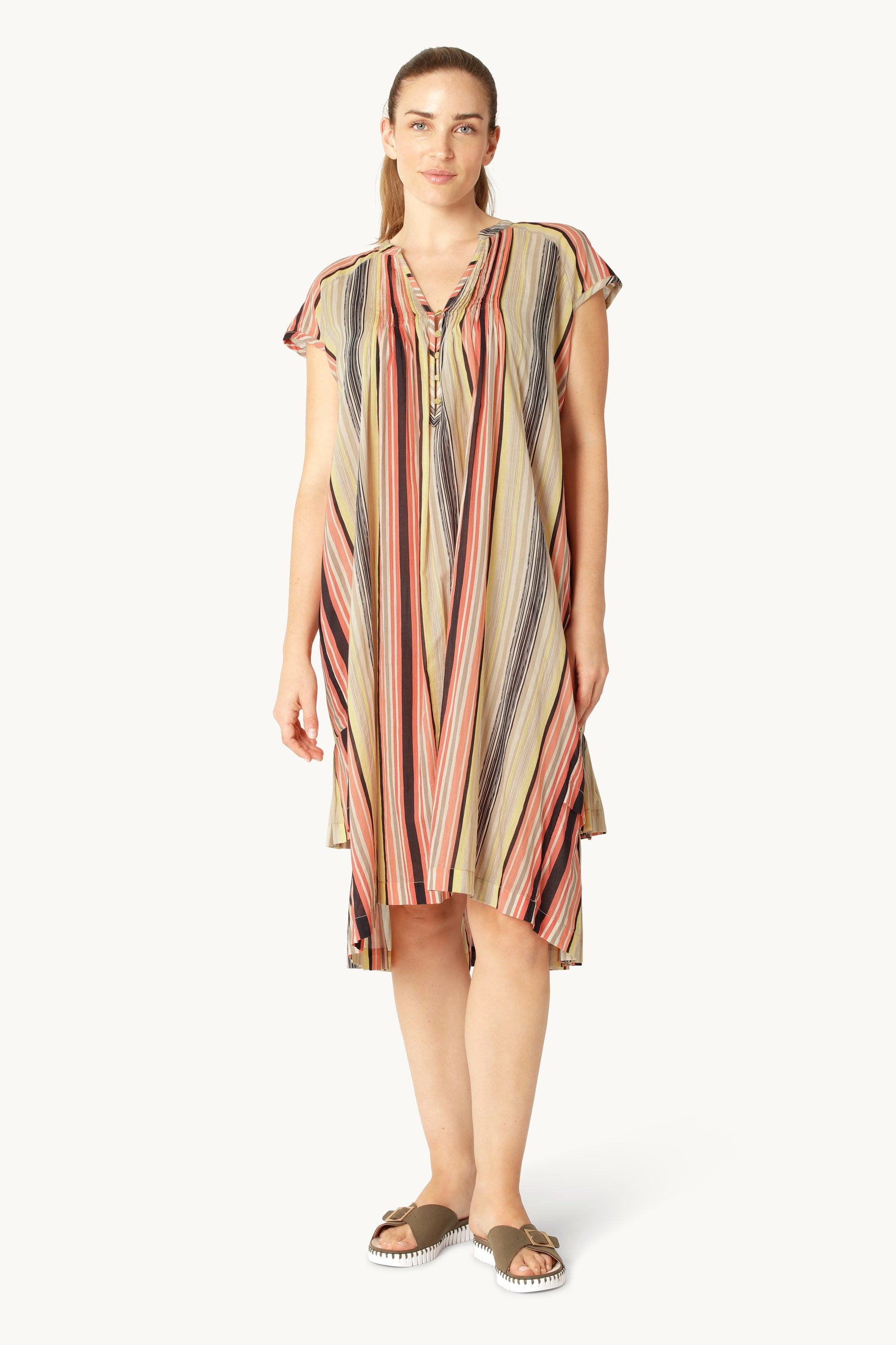 Robe Longue à Manches Courtes Pintuck - Red Organic Stripe