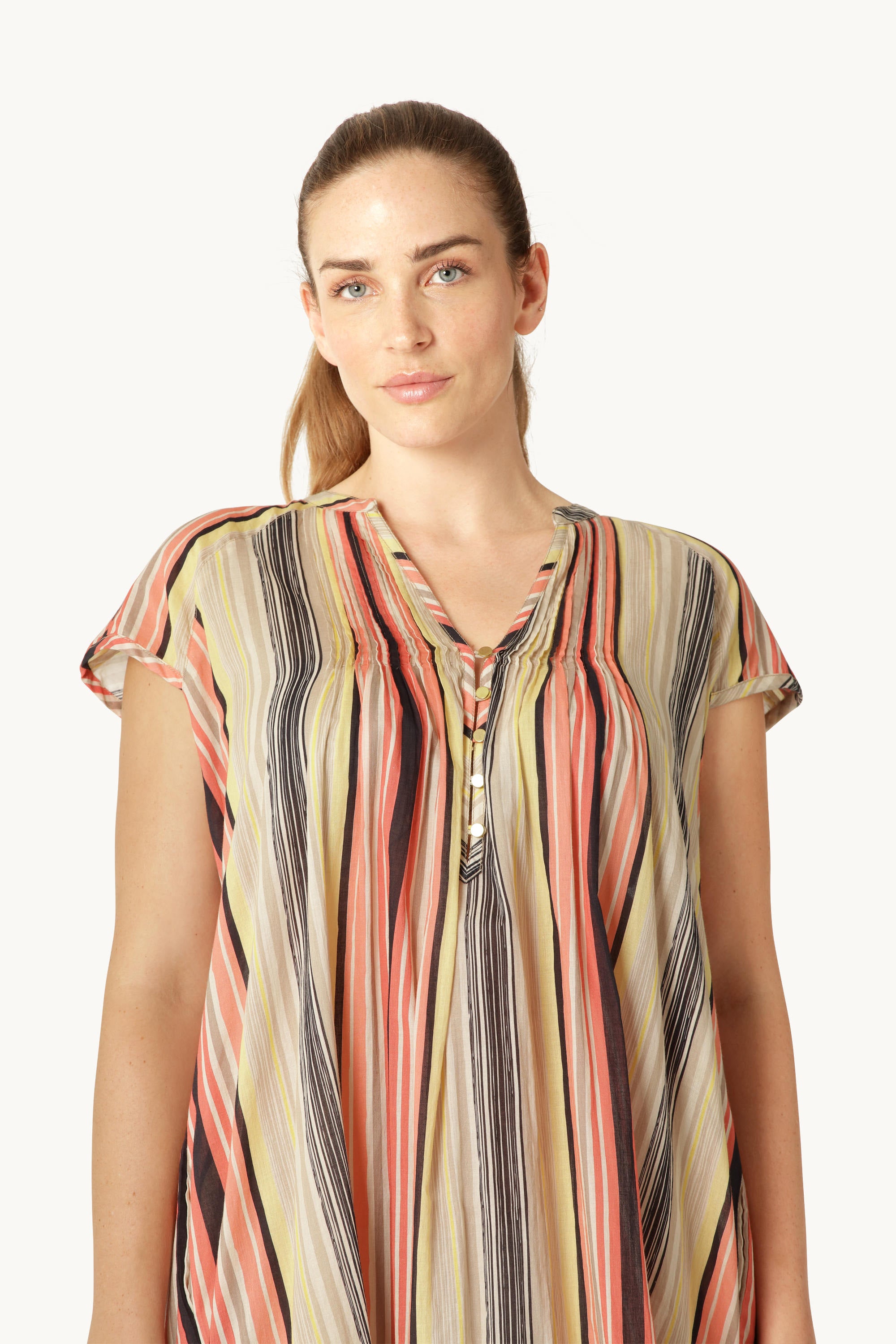 Robe Longue à Manches Courtes Pintuck - Red Organic Stripe