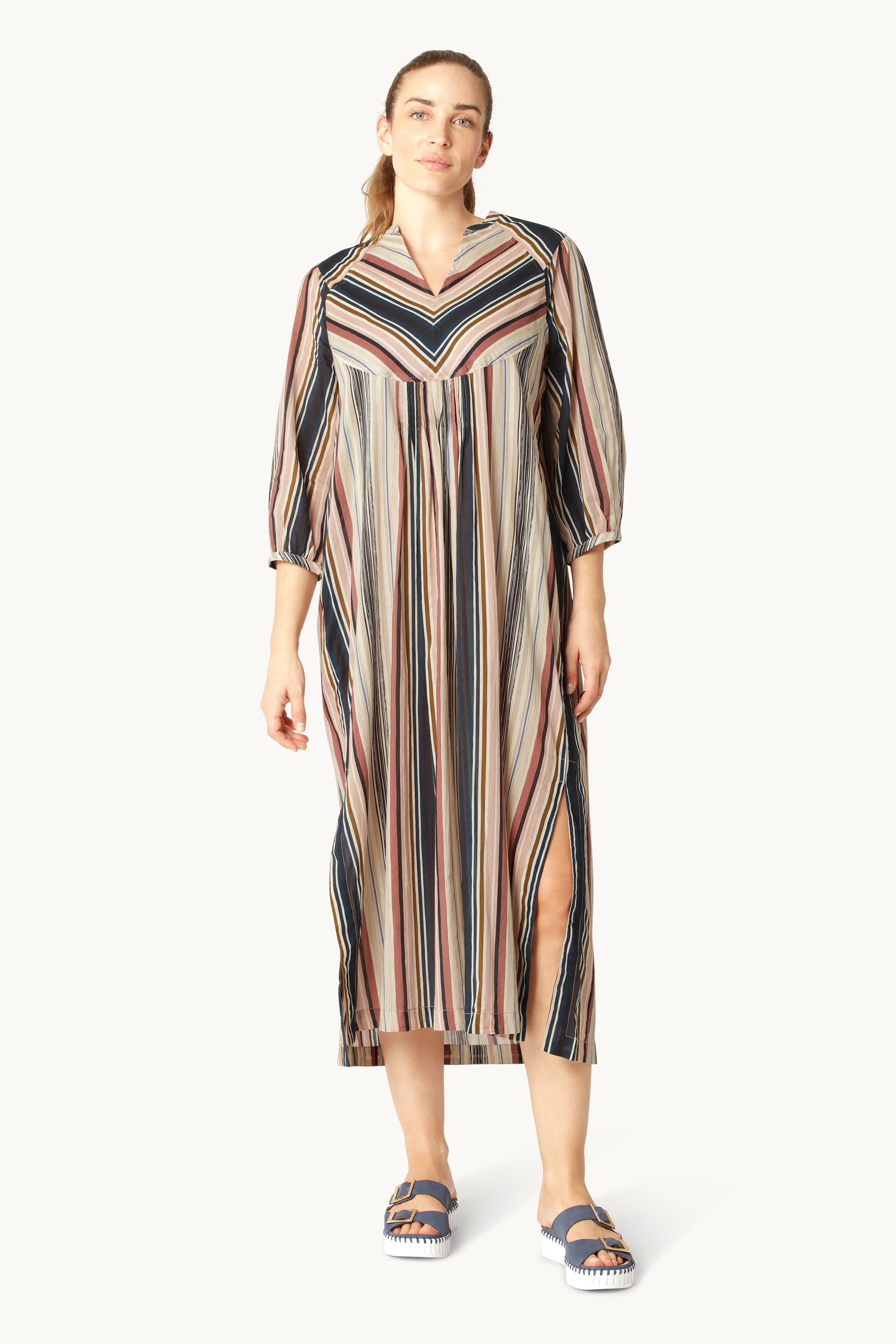 Robe Longue à Manches Ballon Pintuck - Beige Organic Stripe
