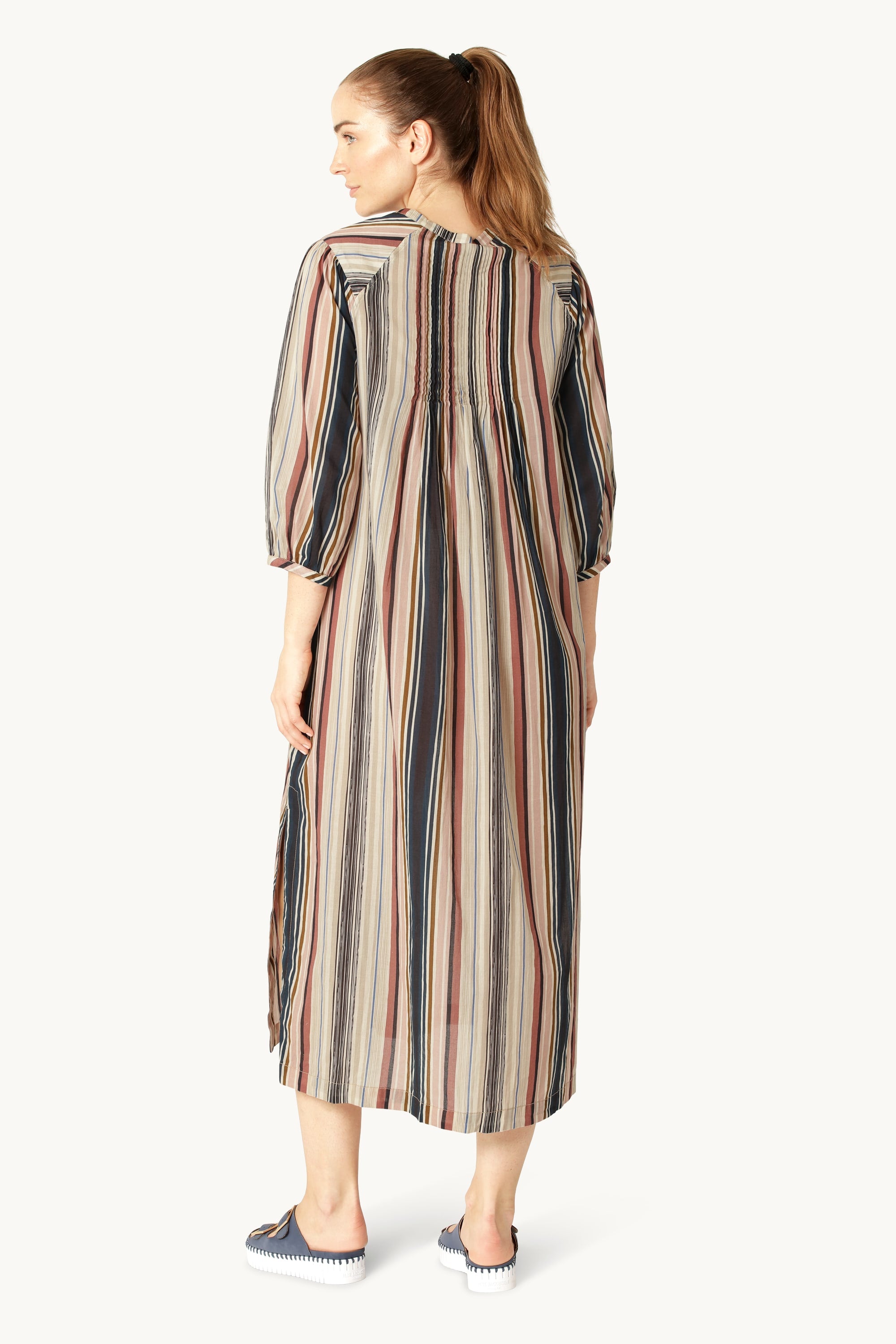 Robe Longue à Manches Ballon Pintuck - Beige Organic Stripe