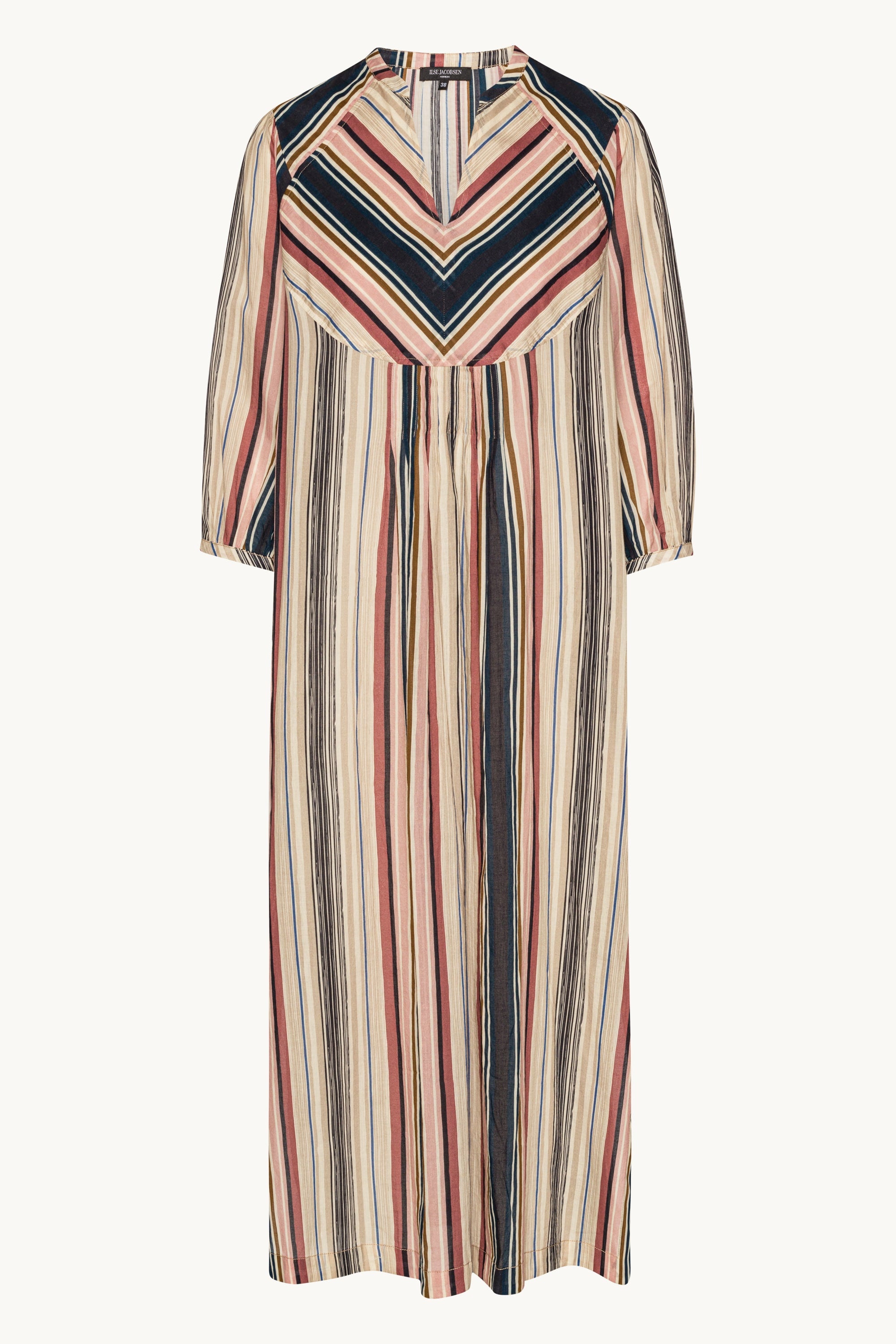 Robe Longue à Manches Ballon Pintuck - Beige Organic Stripe