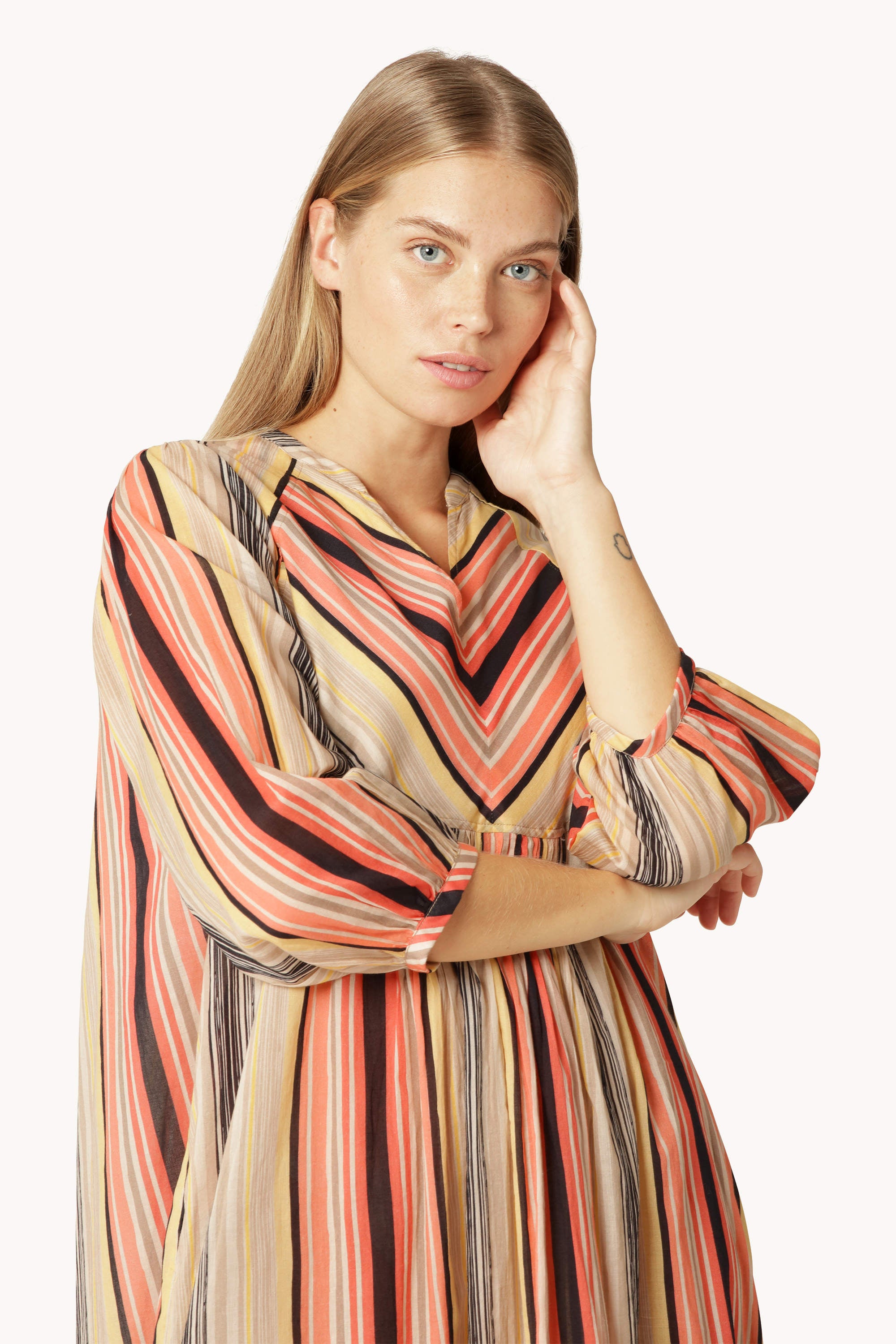 Robe Longue à Manches Ballon Pintuck - Red Organic Stripe