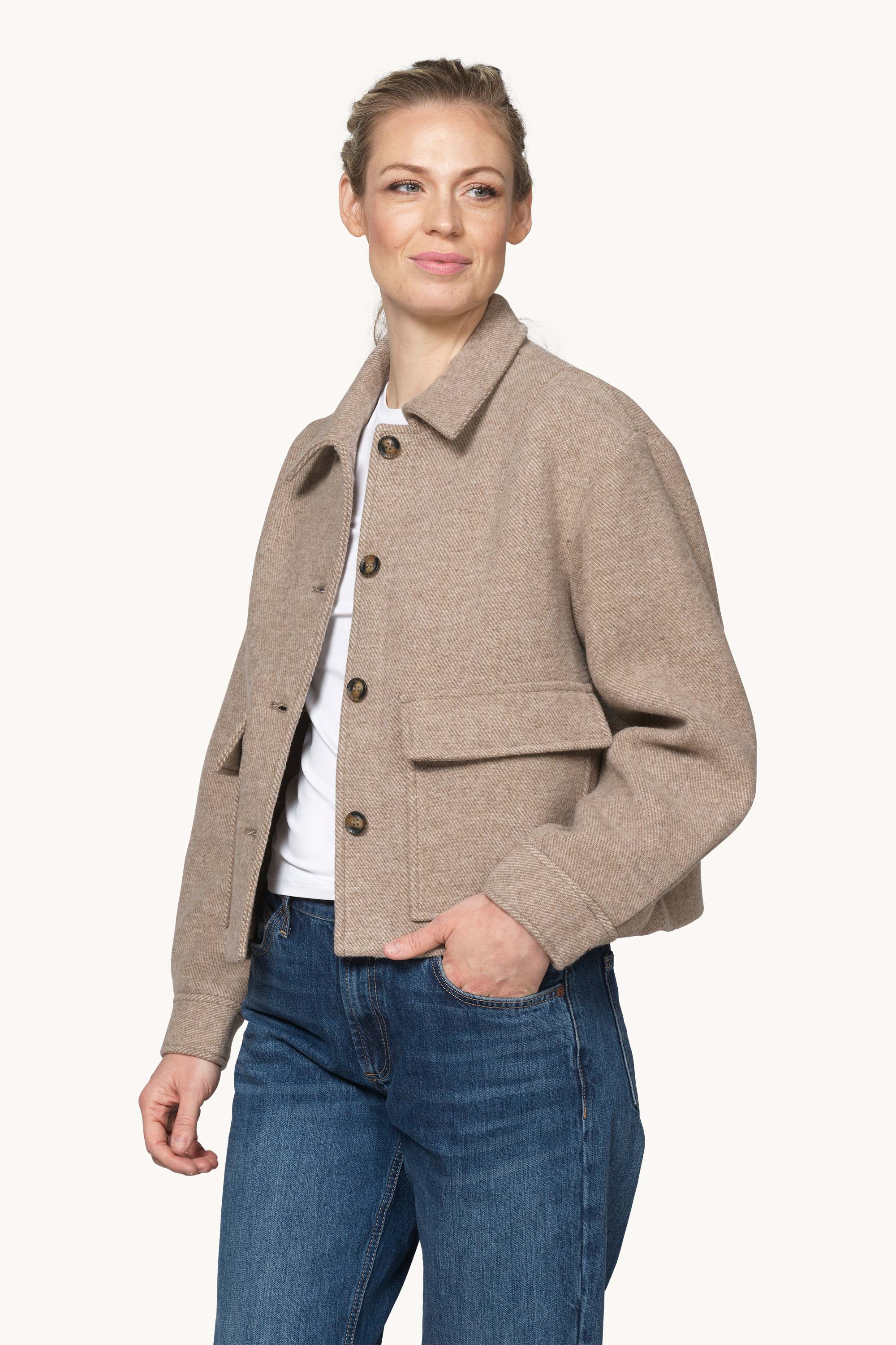 Short buttoned Jacket with Patched Pockets - Greige