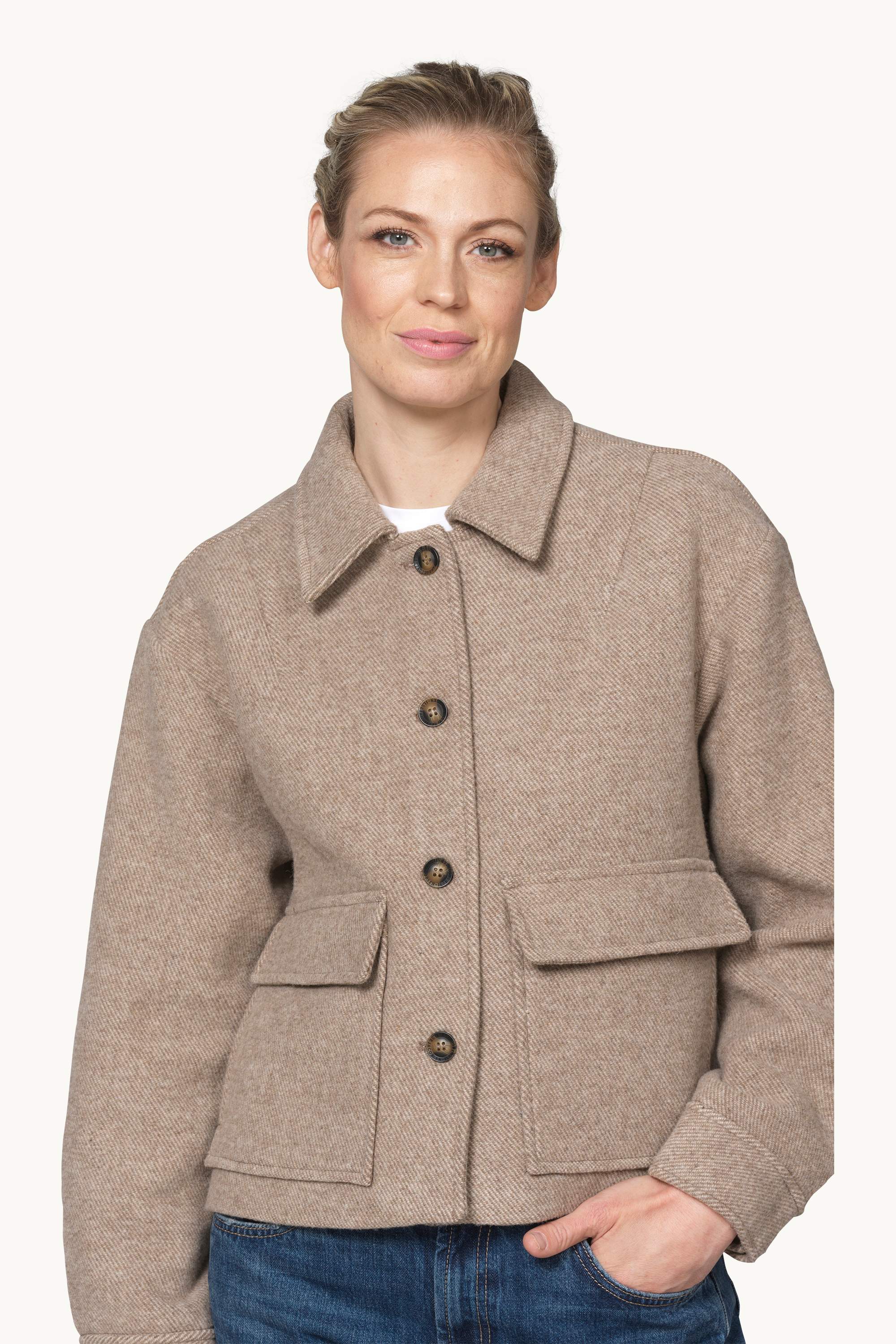 Short buttoned Jacket with Patched Pockets - Greige
