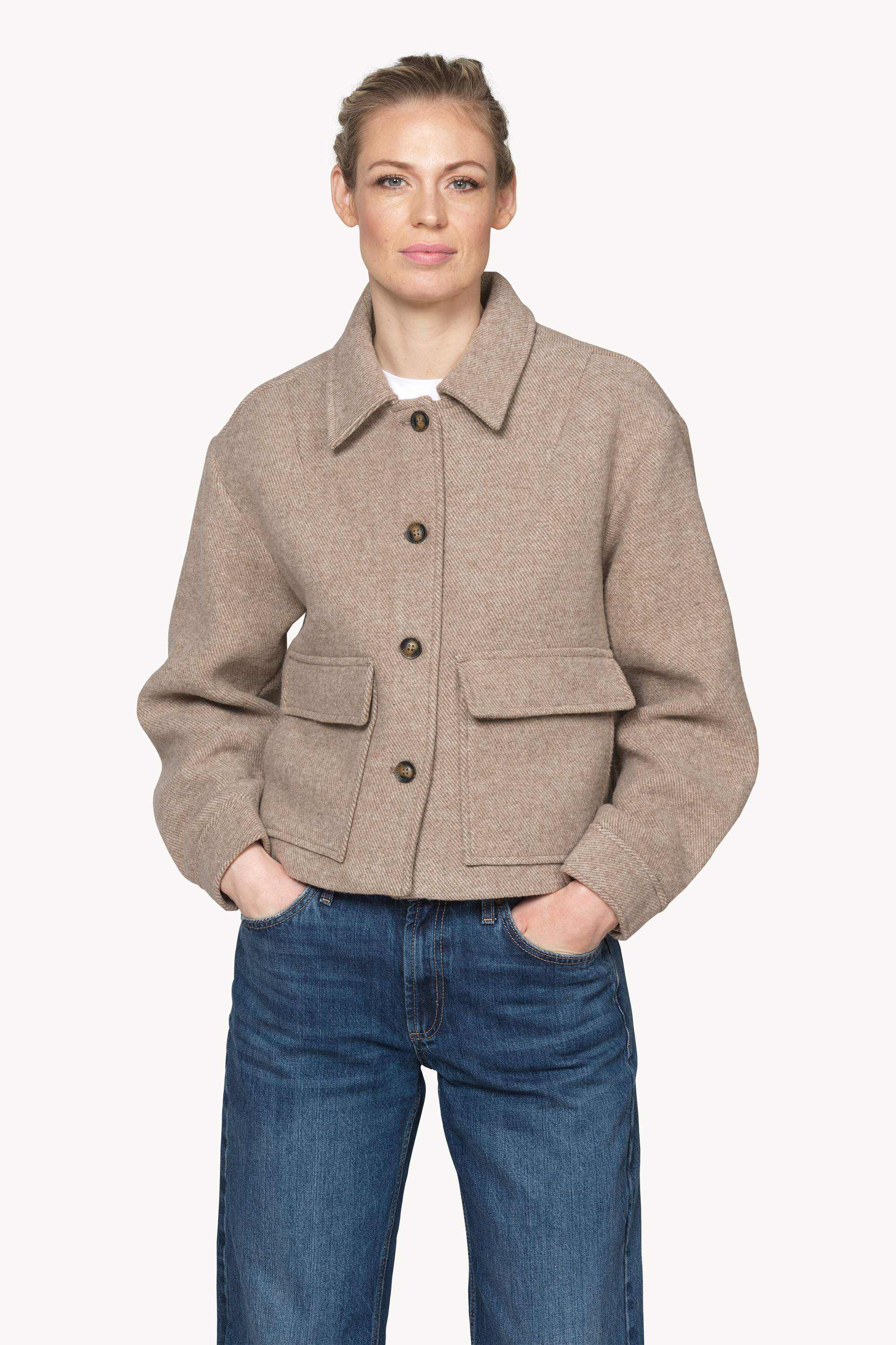 Short buttoned Jacket with Patched Pockets - Greige