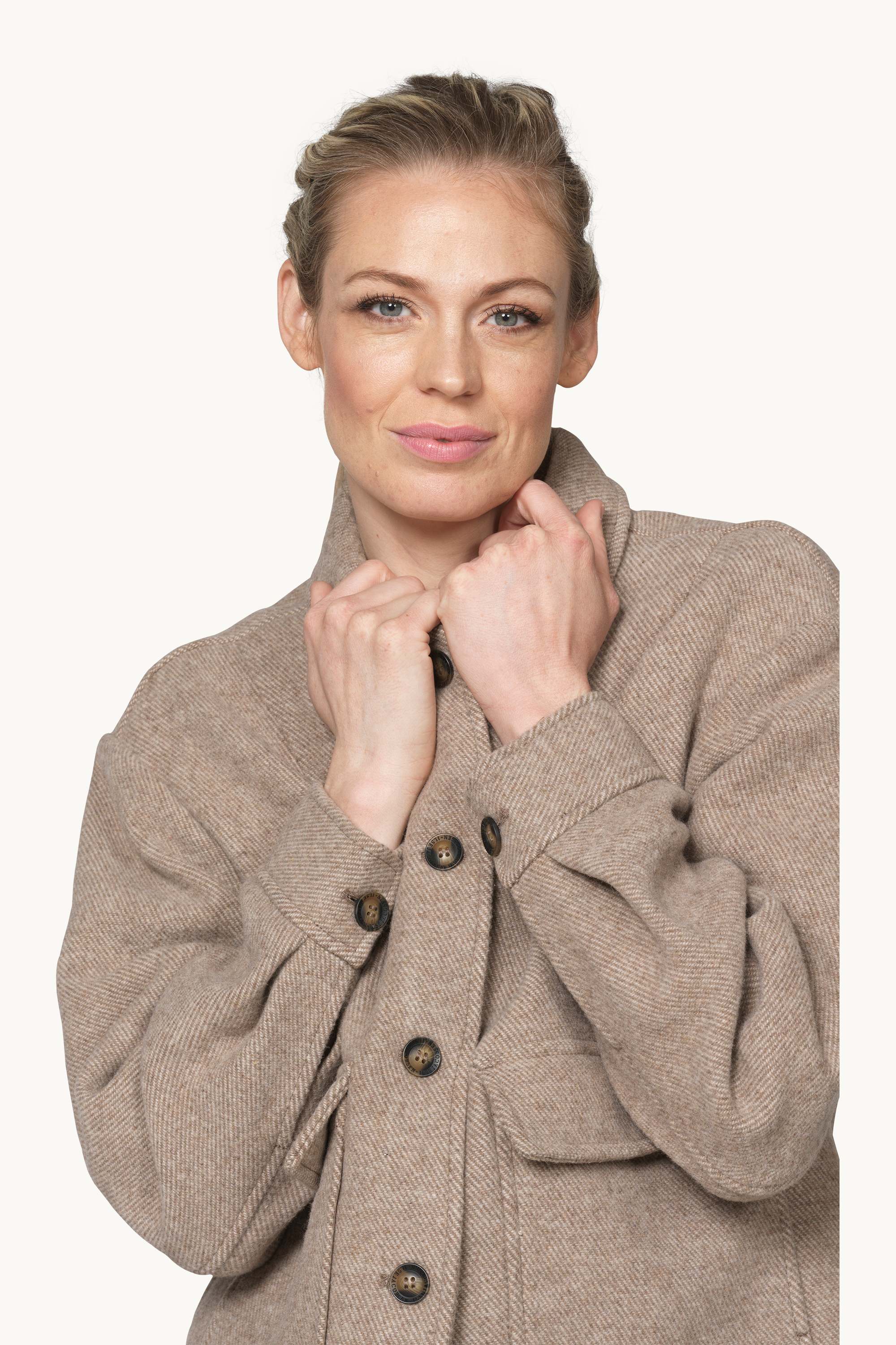 Short buttoned Jacket with Patched Pockets - Greige