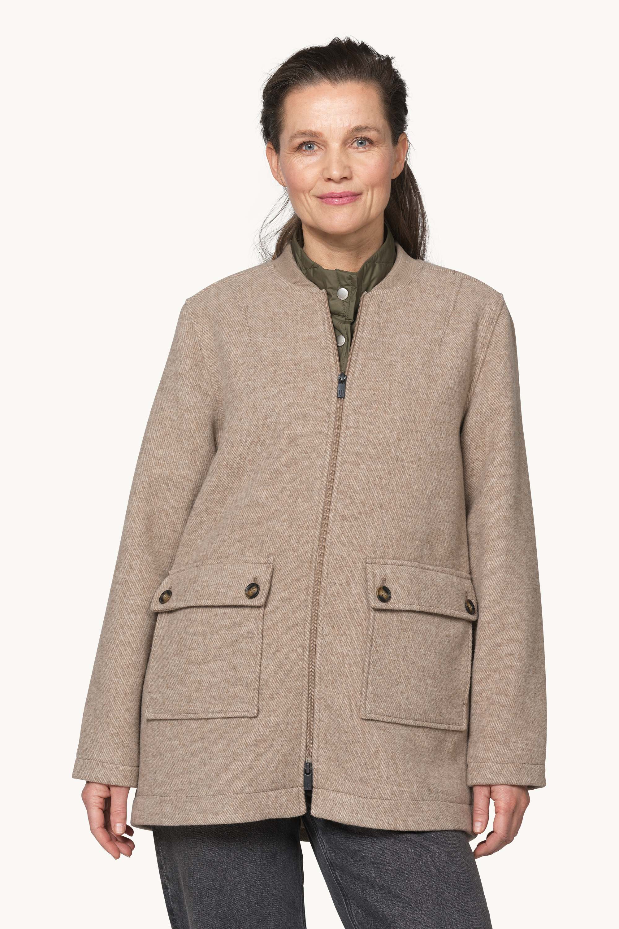 Zipped Jacket with Patched Pockets - Greige