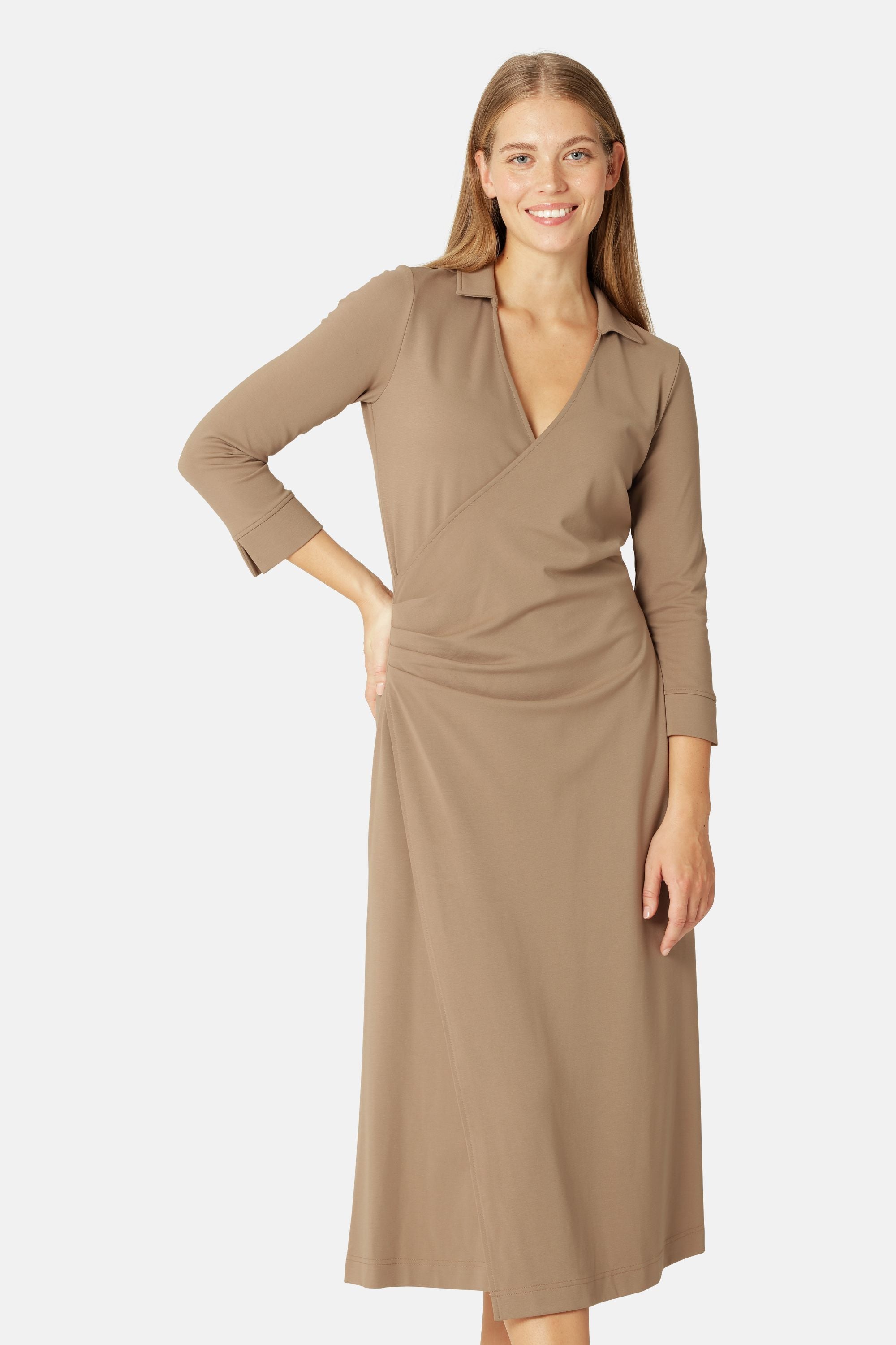 Long Sleeved Dress Pleats - Greige