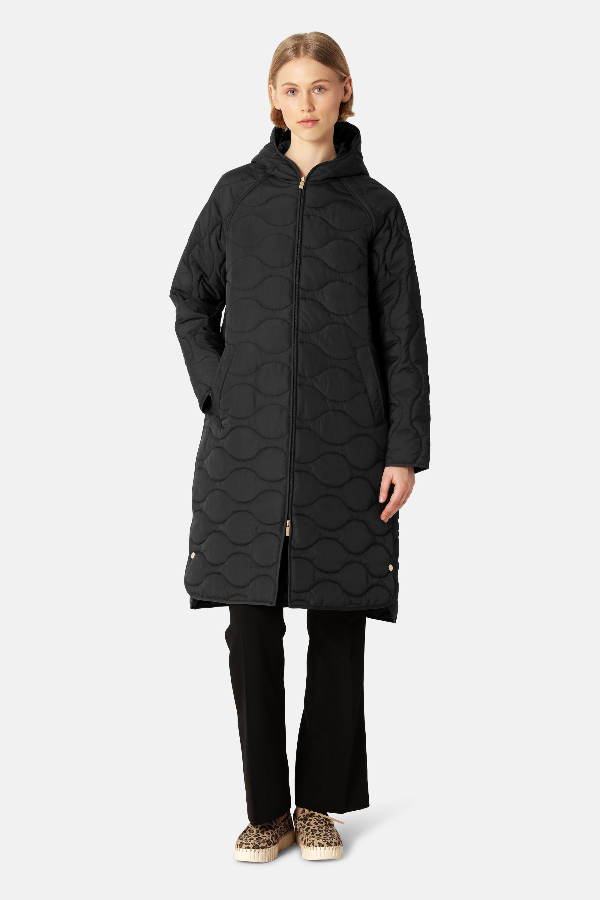 Long Quilt Jacket with Hood - Black