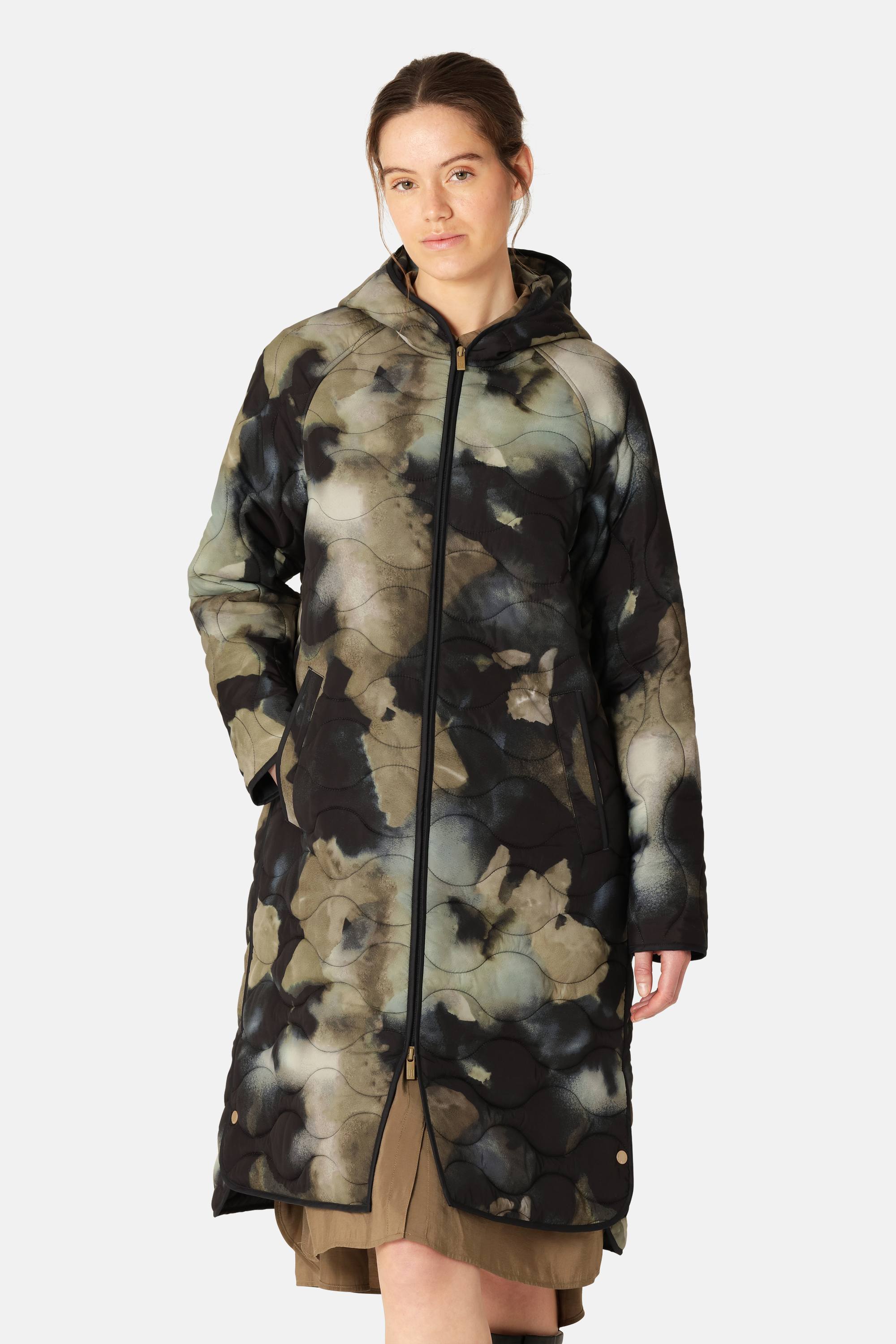 Long Quilt Jacket with Hood - Moss Print